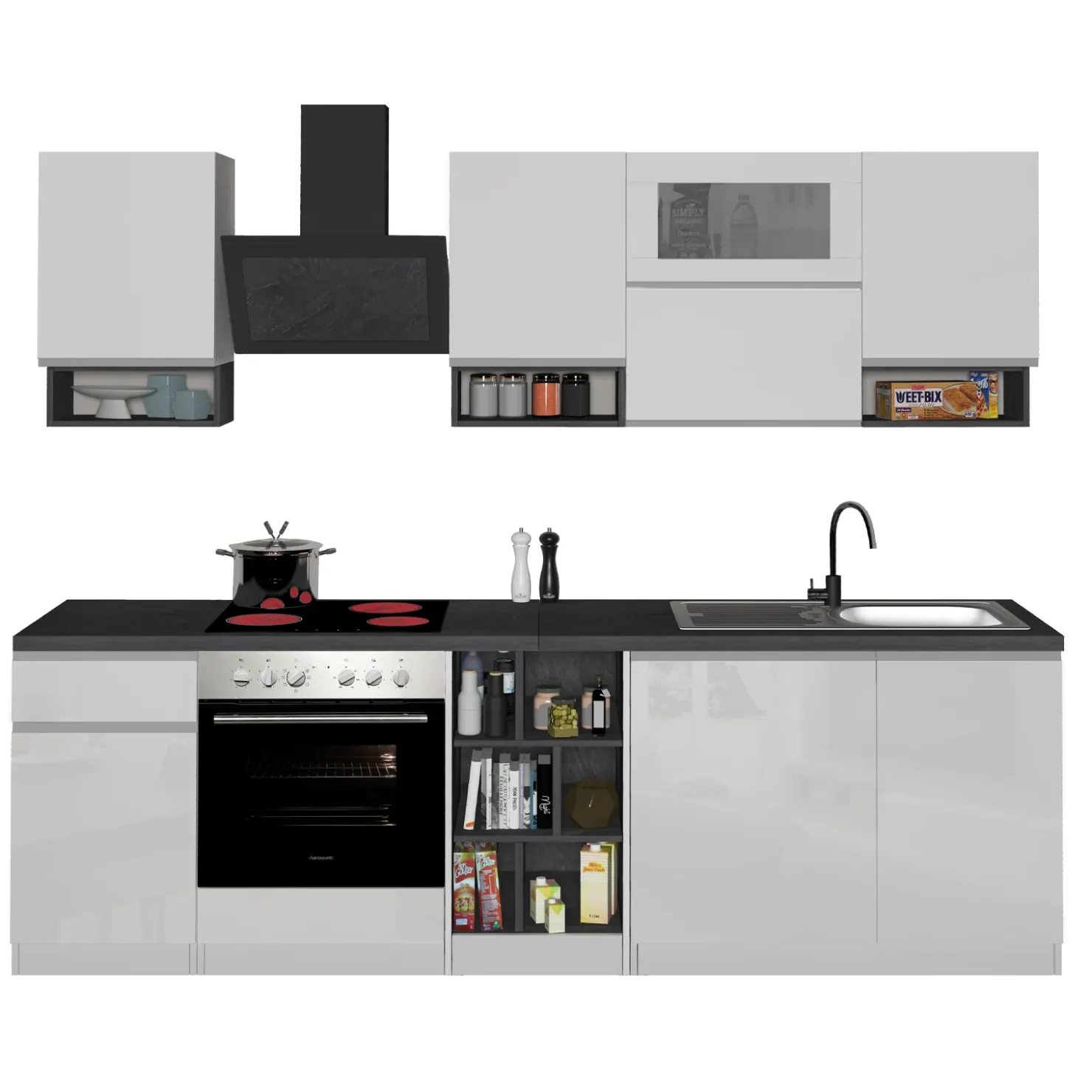 Garnero Arredamenti Cucina 255cm componibile lineare moderna bianco grigio pietra Gourmet Pure Bianco Lucido - Grigio pietra Outlet