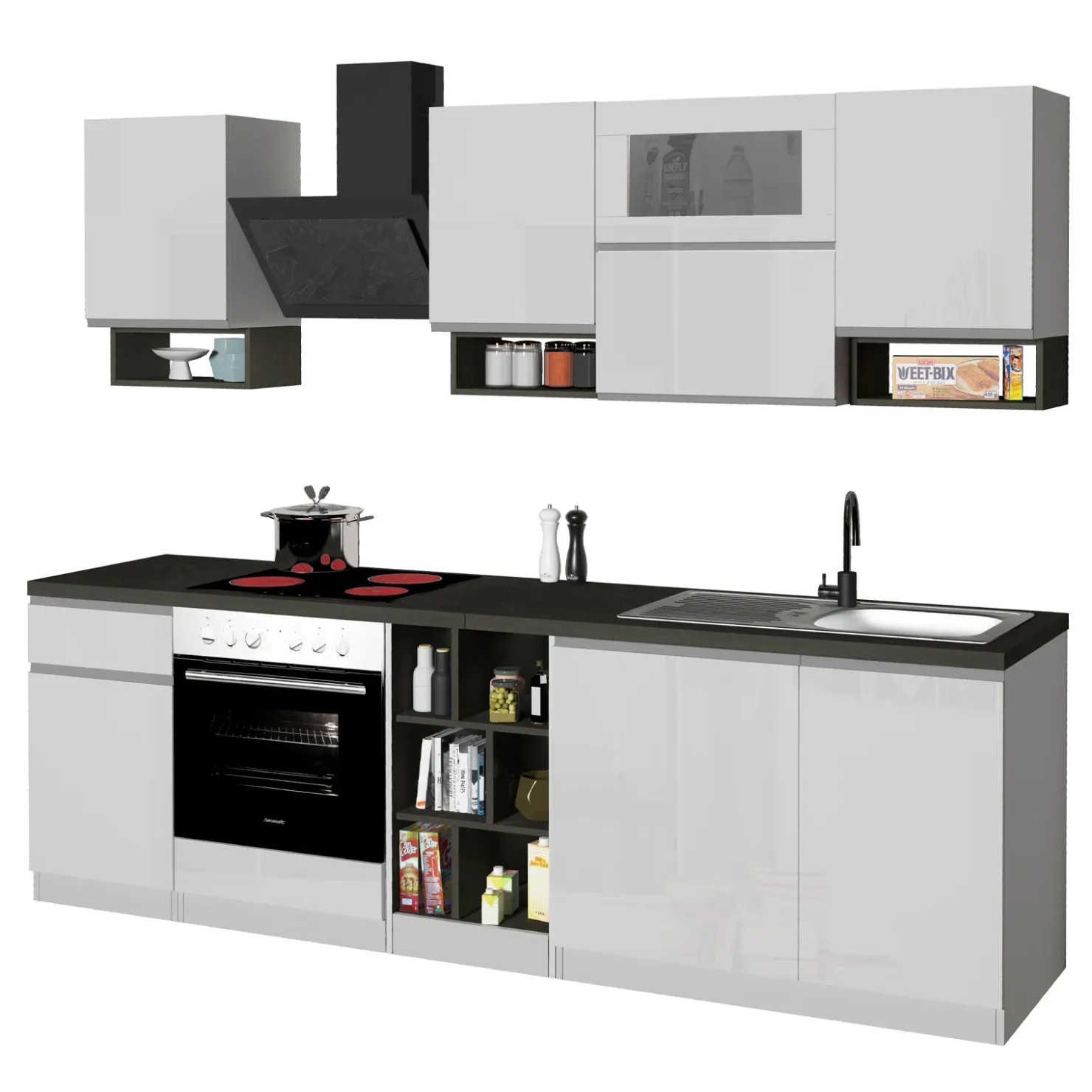 Garnero Arredamenti Cucina 255cm componibile lineare moderna bianco grigio pietra Gourmet Pure Bianco Lucido - Grigio pietra Outlet