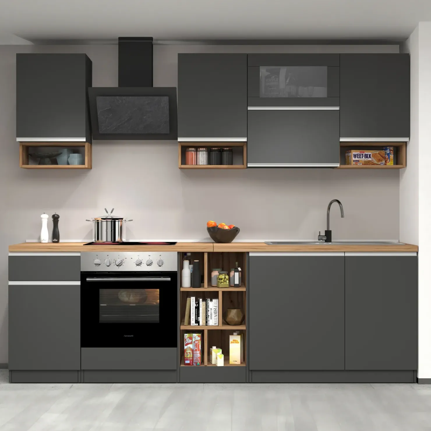 Garnero Arredamenti Cucina 255cm componibile lineare moderna antracite rovere Gourmet Pure Antracite - Rovere Hot