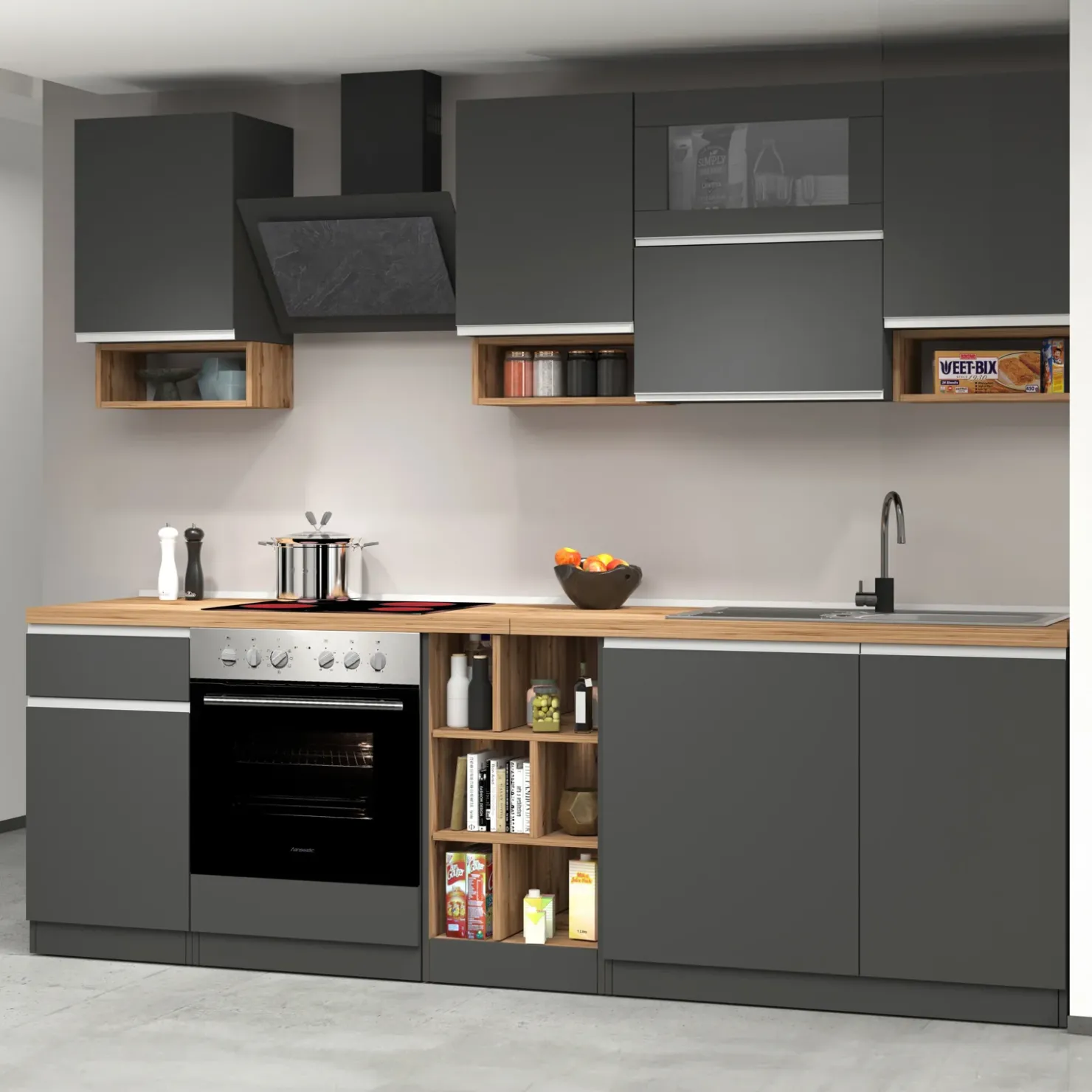 Garnero Arredamenti Cucina 255cm componibile lineare moderna antracite rovere Gourmet Pure Antracite - Rovere Hot
