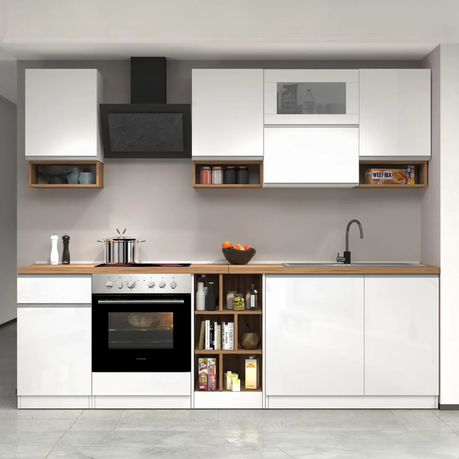 Garnero Arredamenti Cucina 255cm componibile lineare moderna bianco rovere Gourmet Pure Bianco Lucido - Rovere Outlet