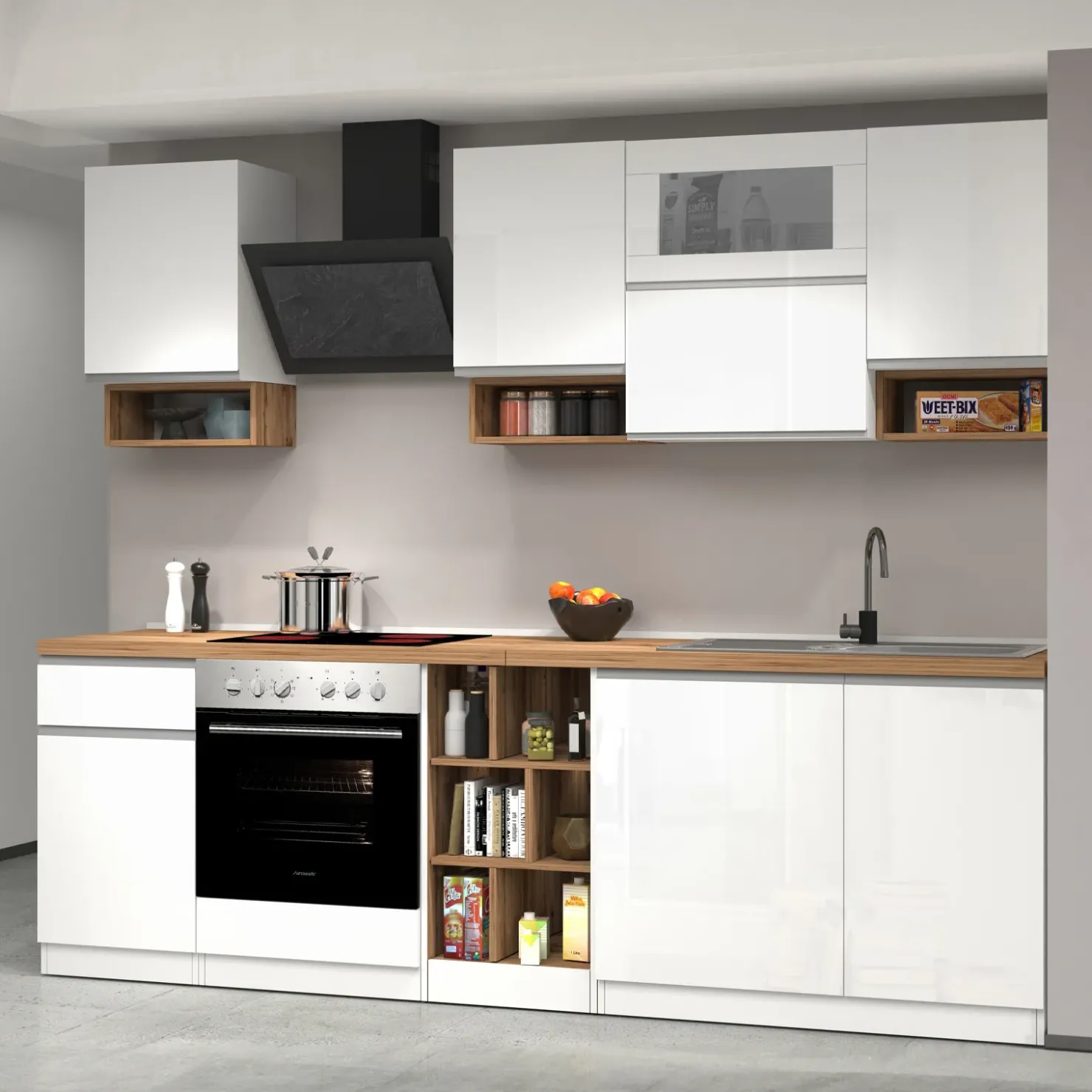 Garnero Arredamenti Cucina 255cm componibile lineare moderna bianco rovere Gourmet Pure Bianco Lucido - Rovere Outlet