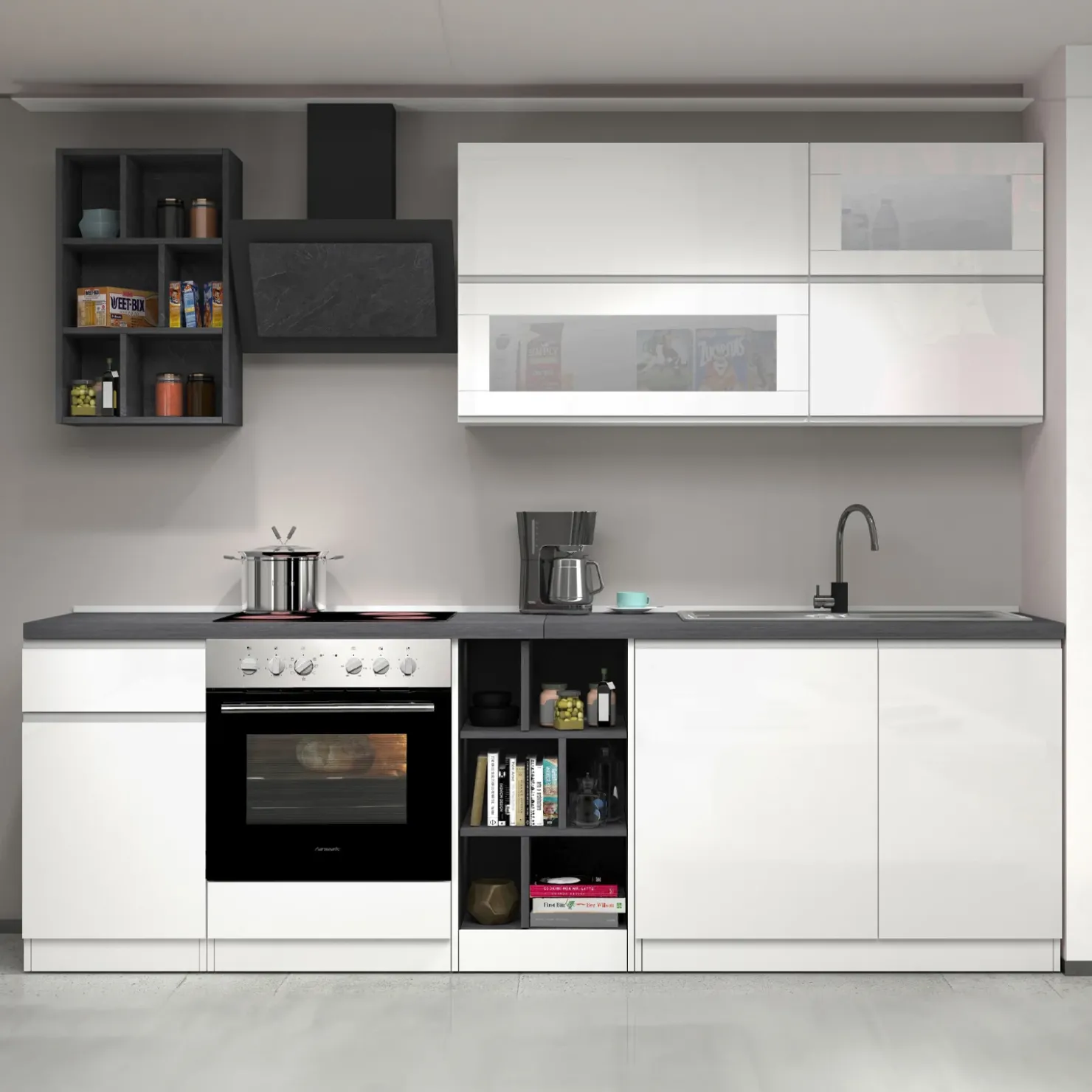 Garnero Arredamenti Cucina 255cm componibile lineare moderna bianco grigio pietra Gourmet Prestige Bianco Lucido - Grigio pietra Discount