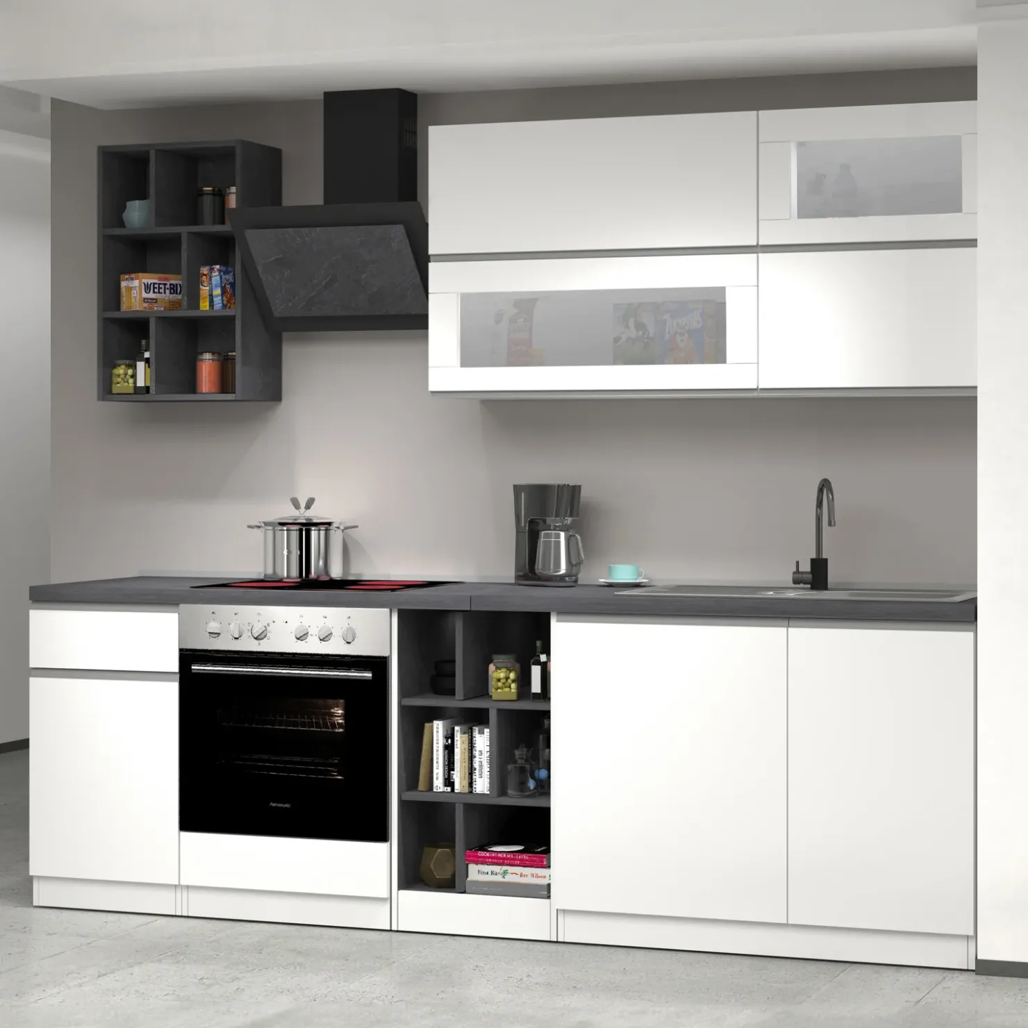Garnero Arredamenti Cucina 255cm componibile lineare moderna bianco grigio pietra Gourmet Prestige Bianco Lucido - Grigio pietra Discount
