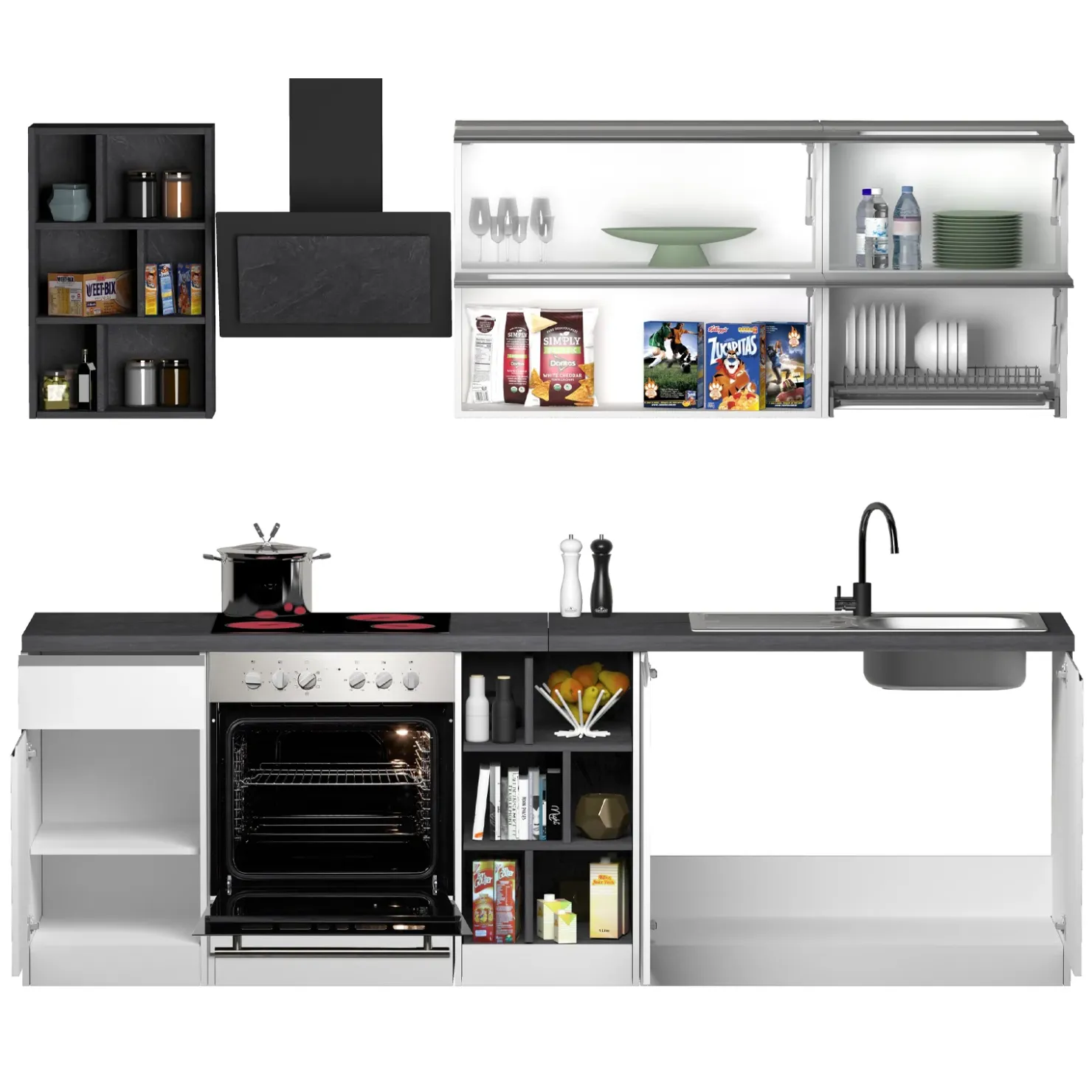 Garnero Arredamenti Cucina 255cm componibile lineare moderna bianco grigio pietra Gourmet Prestige Bianco Lucido - Grigio pietra Discount