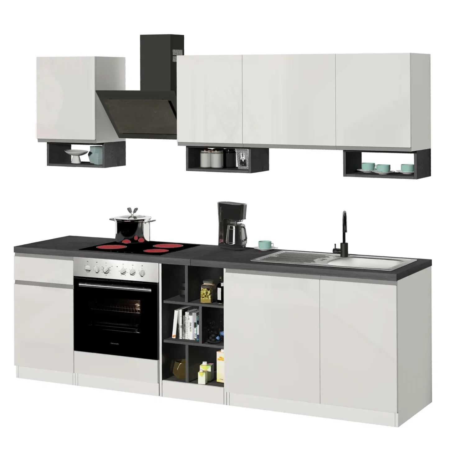Garnero Arredamenti Cucina 255cm componibile lineare moderna bianco grigio pietra Gourmet Elegance Bianco Lucido - Grigio pietra Hot