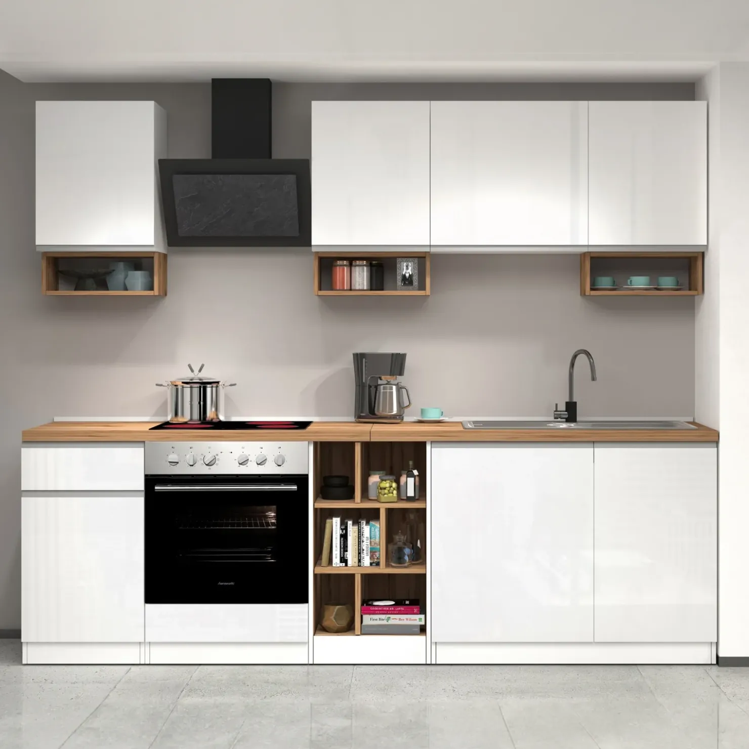 Garnero Arredamenti Cucina 255cm componibile lineare moderna bianco rovere Gourmet Elegance Bianco Lucido - Rovere Best