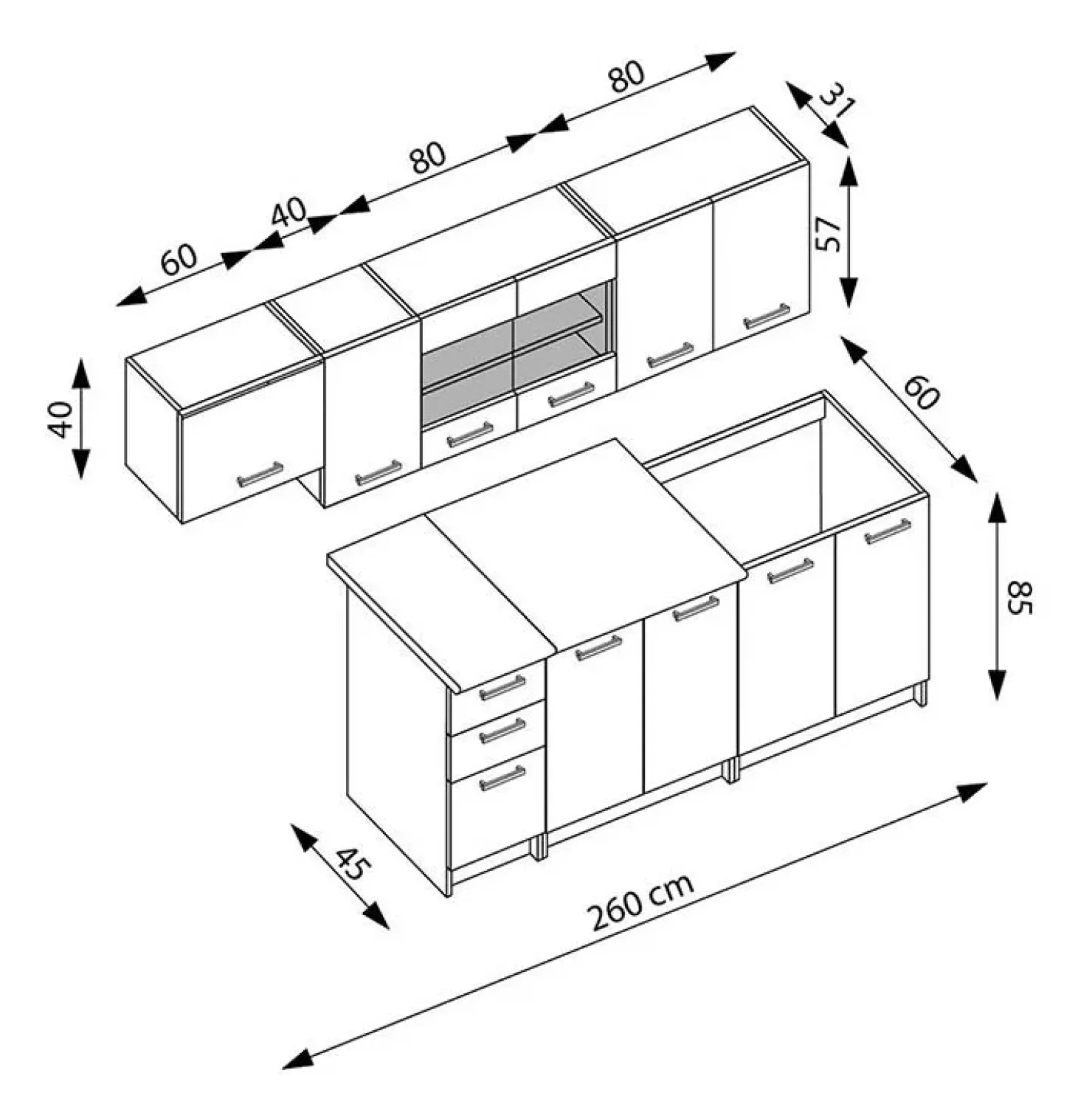 Garnero Arredamenti Cucina 260cm moderna lineare componibile rovere bianco vetro Cook Bianco Opaco - Rovere Outlet