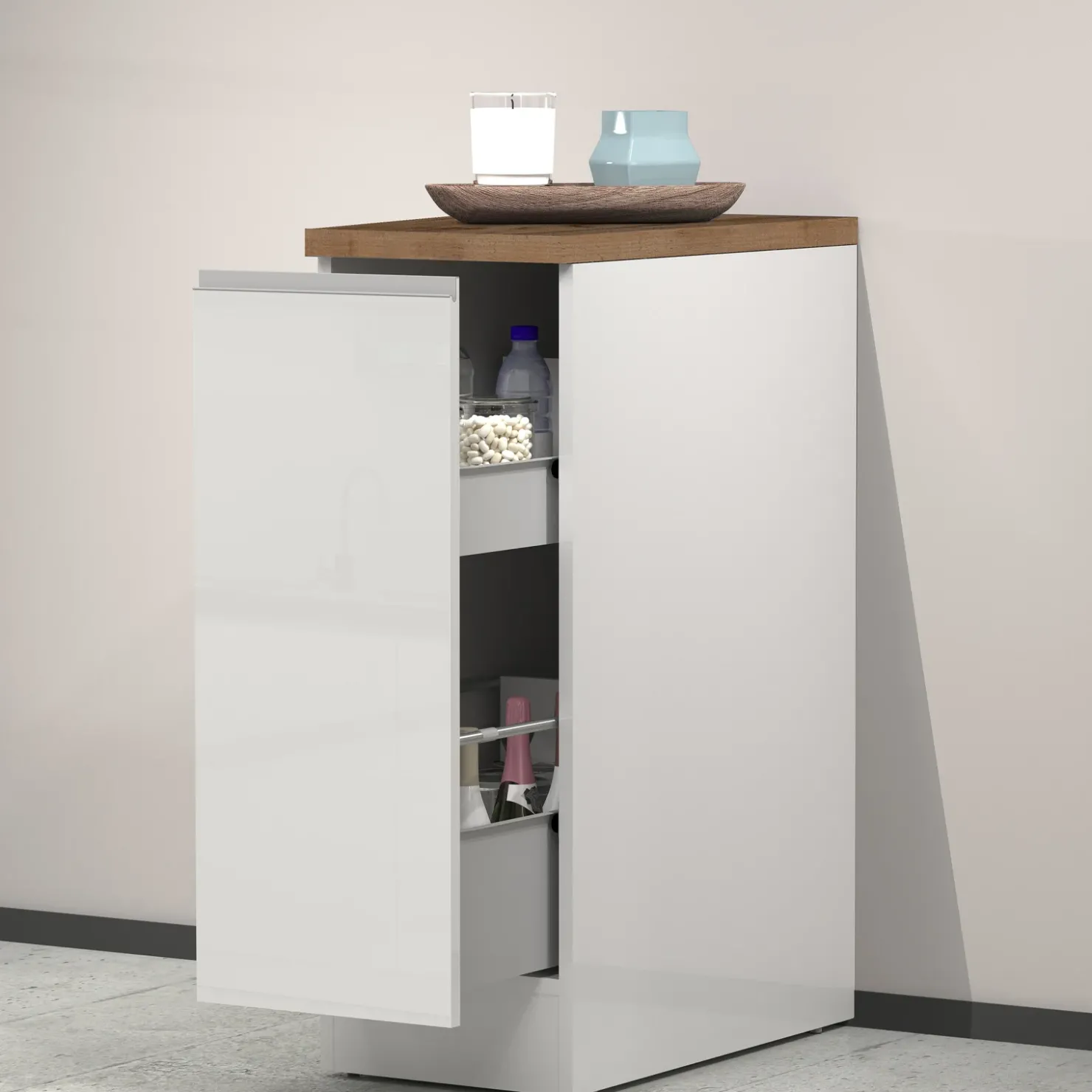 Garnero Arredamenti Dispensa cucina bassa 30x85h cm scorrevole bianco rovere Gourmet Bianco Lucido - Rovere Sale