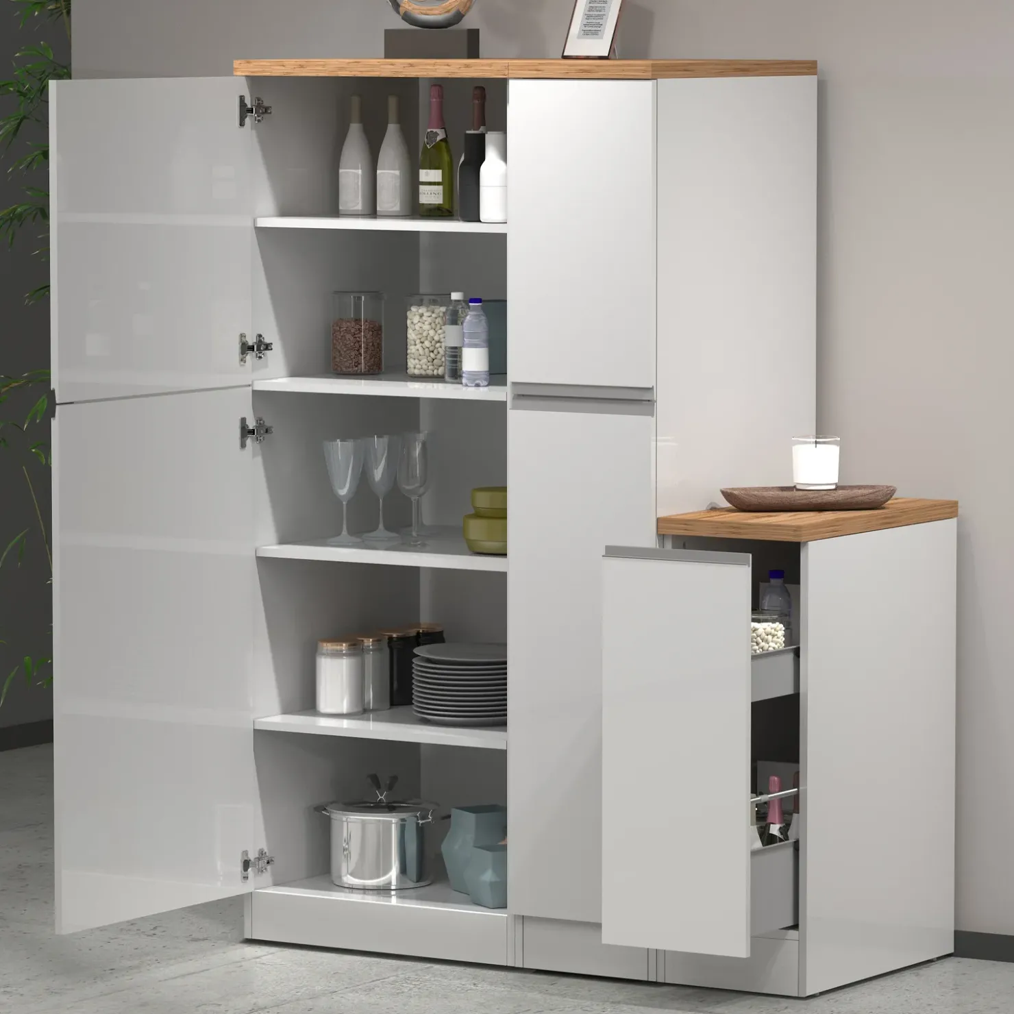 Garnero Arredamenti Dispensa cucina bassa 30x85h cm scorrevole bianco rovere Gourmet Bianco Lucido - Rovere Sale