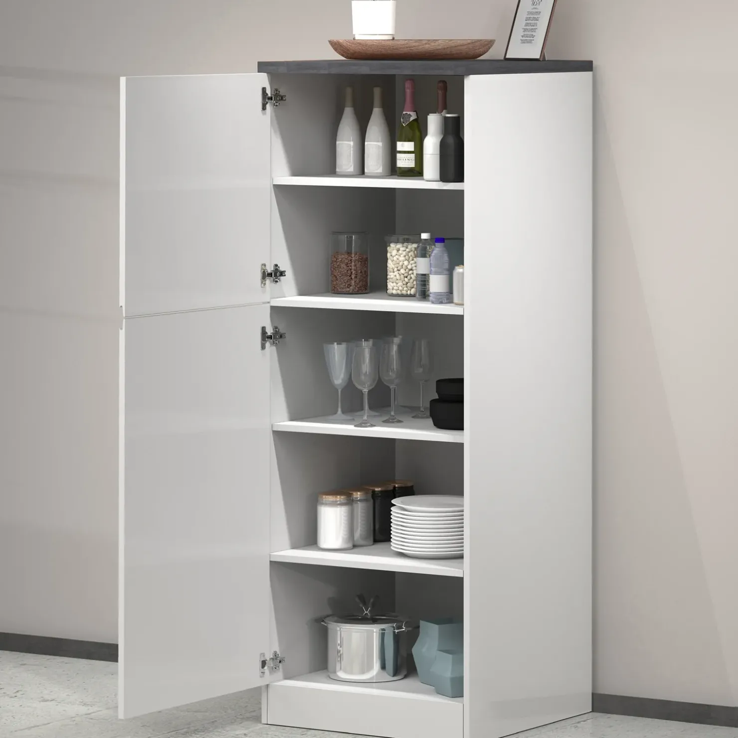 Garnero Arredamenti Dispensa cucina 60x165h cm 4 ripiani bianco grigio pietra Gourmet Bianco Lucido - Grigio pietra