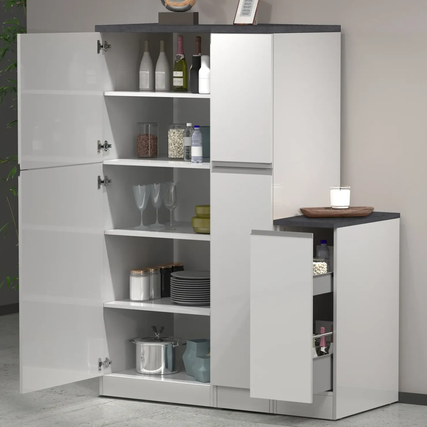 Garnero Arredamenti Dispensa cucina 60x165h cm 4 ripiani bianco grigio pietra Gourmet Bianco Lucido - Grigio pietra