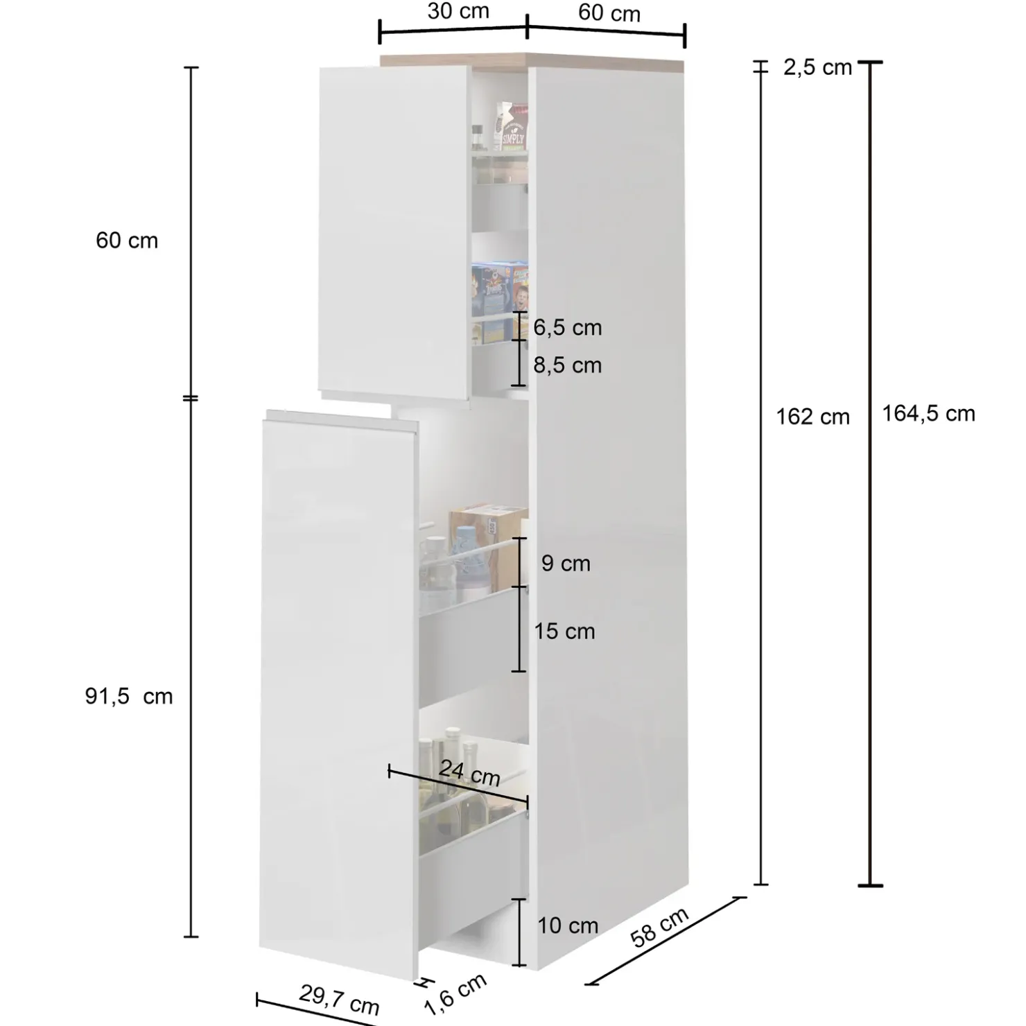 Garnero Arredamenti Dispensa cucina 30x165h cm scorrevole bianco rovere Gourmet Bianco Lucido - Rovere