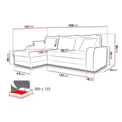 Garnero Arredamenti Divano angolare letto 238x147cm 3 posti grigio scuro nero Flow Tessuto 100% polipropilene Grigio Outlet