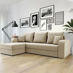 Garnero Arredamenti Divano angolare letto 237x139cm 3 posti matrimoniale angolare beige Flow Tessuto Vellutato Manila Beige New