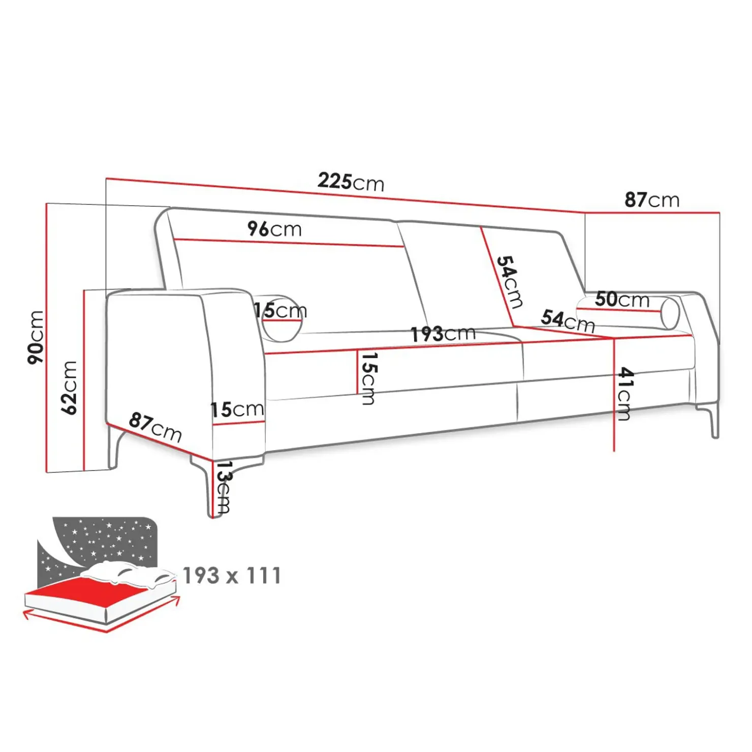 Garnero Arredamenti Divano letto 3 posti 225x87cm con box contenitore tessuto grigio Coty