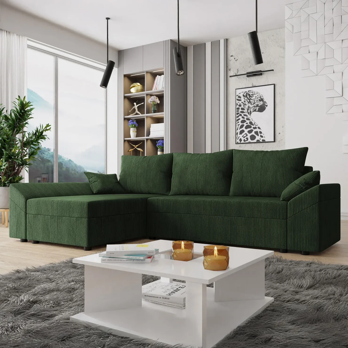 Garnero Arredamenti Divano letto 3 posti 240x145cm matrimoniale angolare velluto a coste verde Appia Velluto Poso Verde Sale