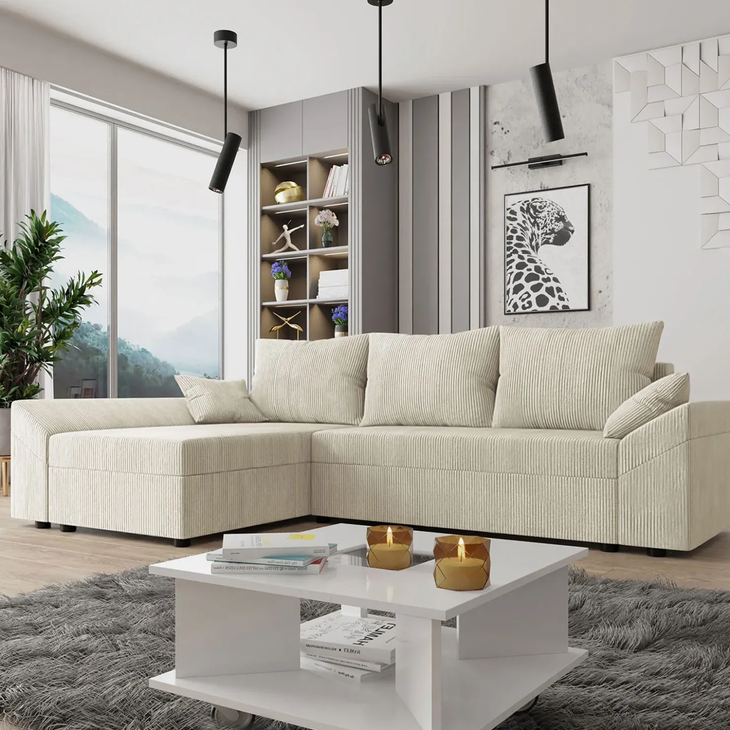 Garnero Arredamenti Divano letto 3 posti 240x145cm matrimoniale angolare velluto a coste beige Appia Velluto Poso Beige Discount