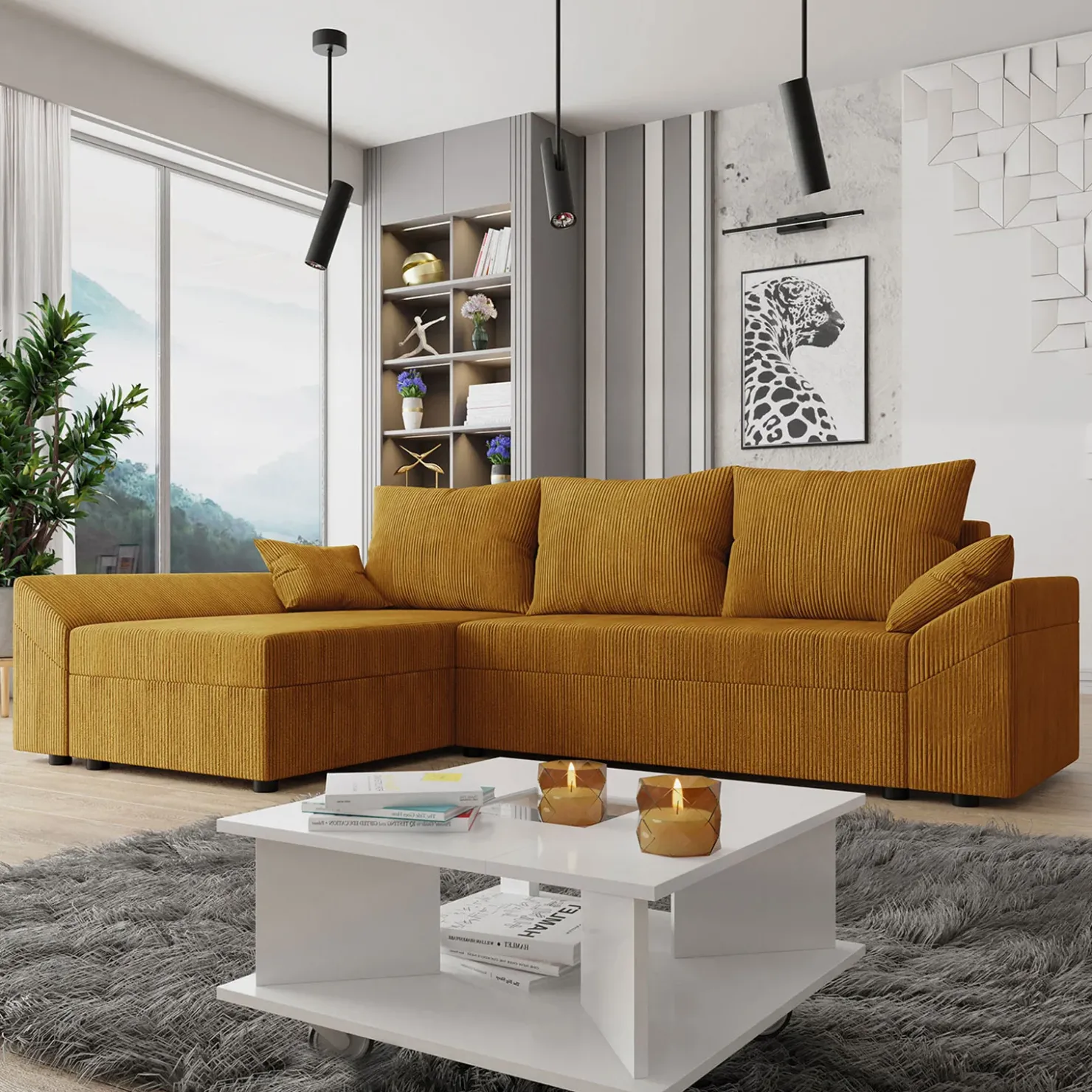 Garnero Arredamenti Divano letto 3 posti 240x145cm matrimoniale angolare velluto a coste senape ocra Appia Velluto Poso Senape Sale