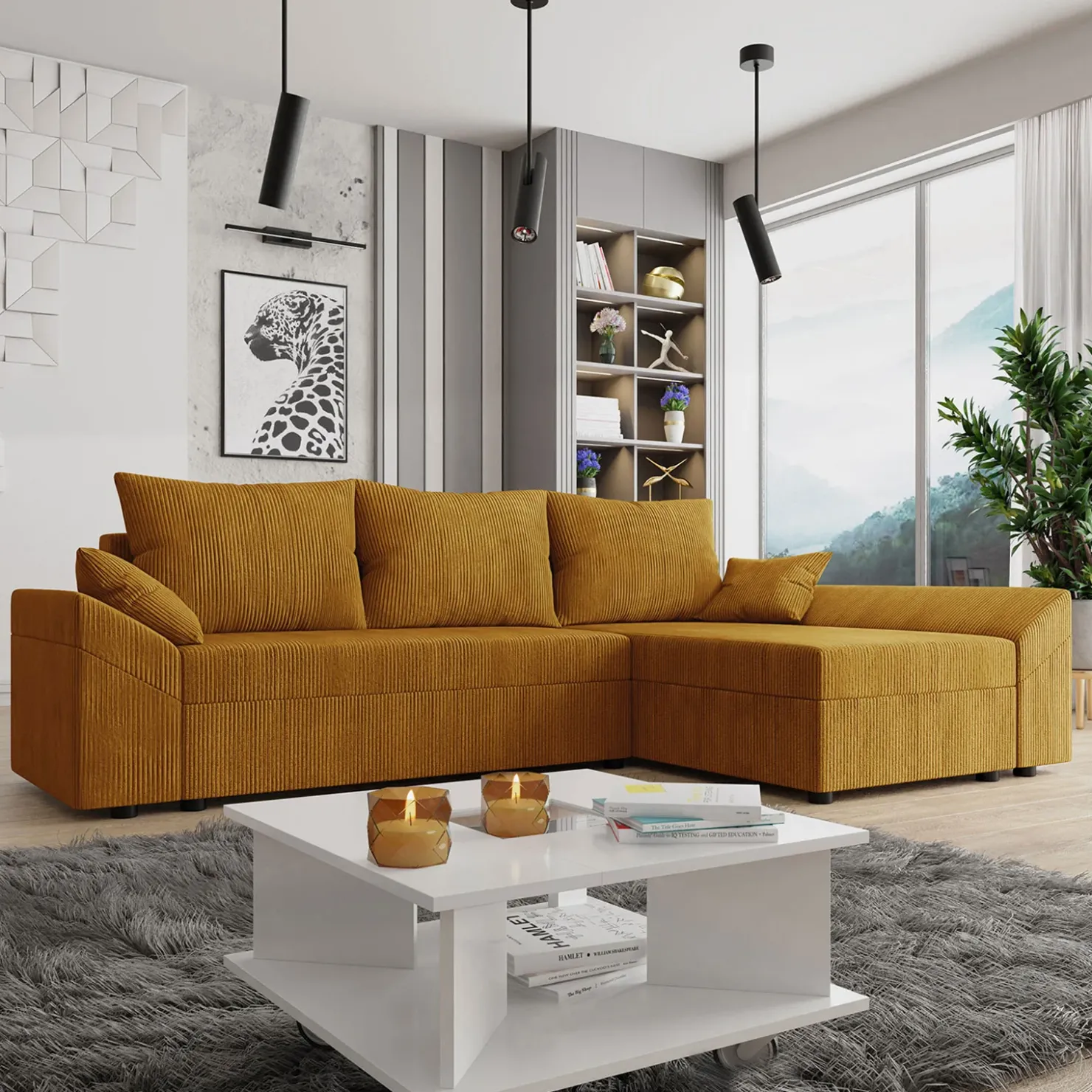 Garnero Arredamenti Divano letto 3 posti 240x145cm matrimoniale angolare velluto a coste senape ocra Appia Velluto Poso Senape Sale