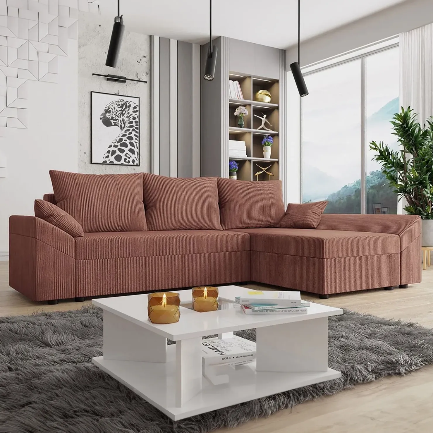 Garnero Arredamenti Divano letto 3 posti 240x145cm matrimoniale angolare velluto a coste rosa Appia Velluto Poso Rosa Clearance