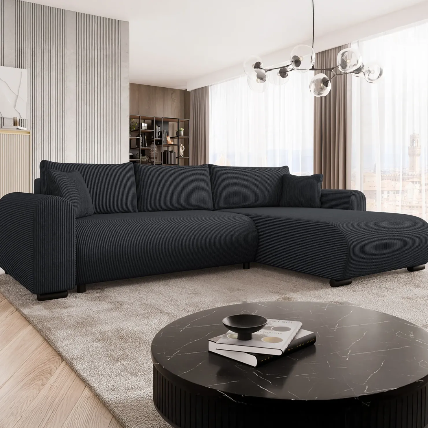 Garnero Arredamenti Divano letto angolare 4 posti 285x188cm con contenitore tessuto velluto a coste nero Soft Velluto a Coste Poso Nero