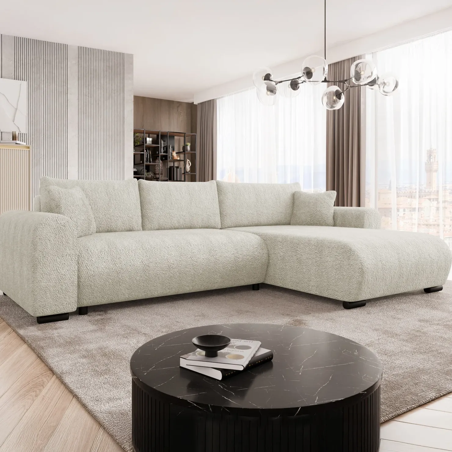 Garnero Arredamenti Divano letto angolare 4 posti 285x188cm con contenitore Soft Tessuto Bouclé Beige Chiaro Outlet