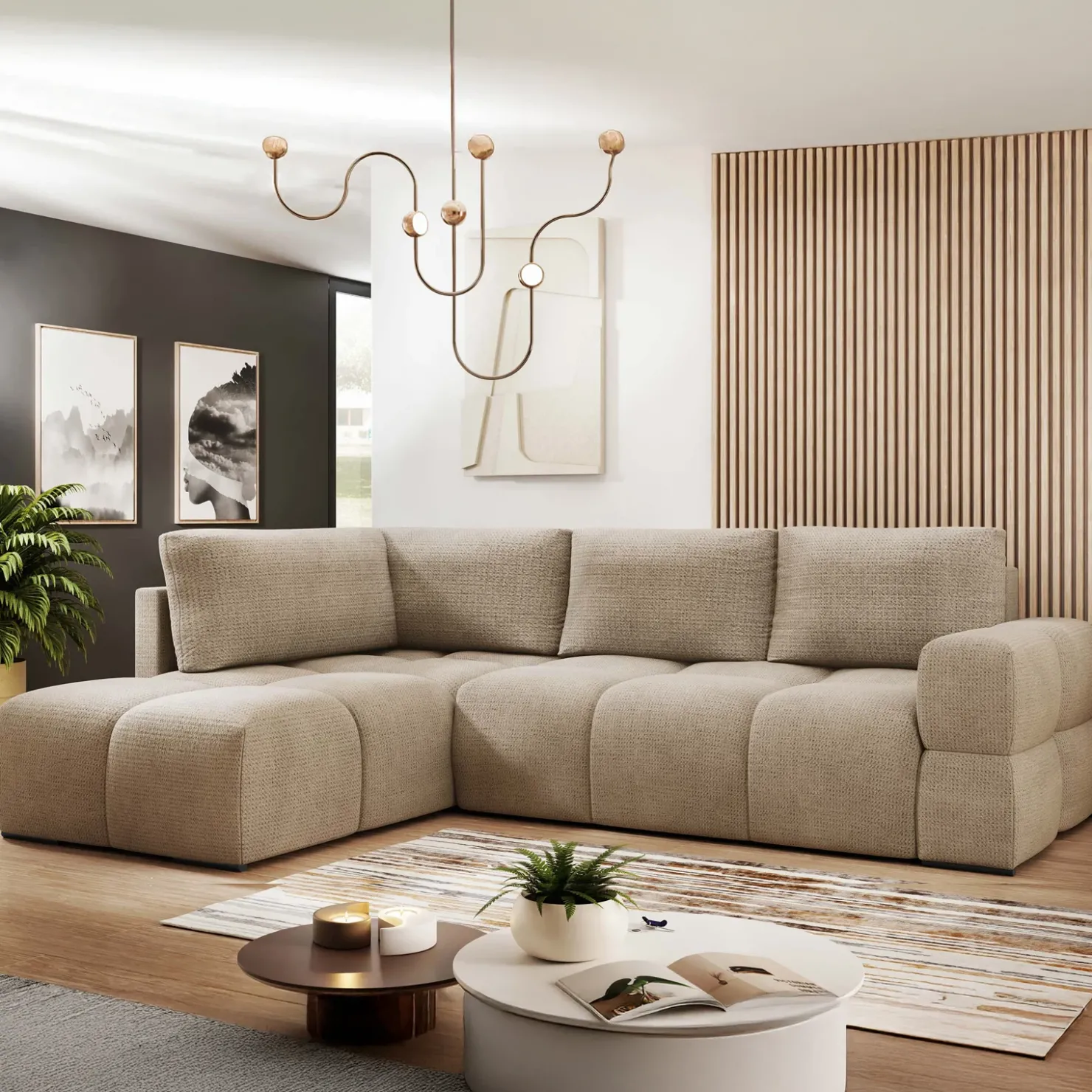 Garnero Arredamenti Divano letto angolare 3 posti 267x185cm box contenitore beige sabbia Sottovoce Tessuto Artico Beige Sabbia New