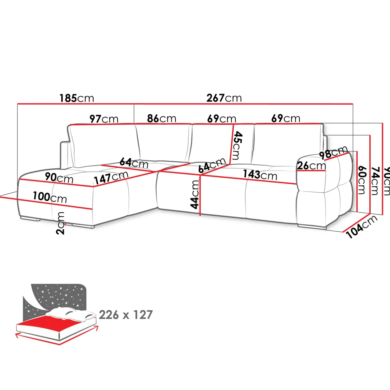 Garnero Arredamenti Divano letto angolare 3 posti 267x185cm box contenitore grigio Sottovoce Tessuto Artico Grigio Clearance