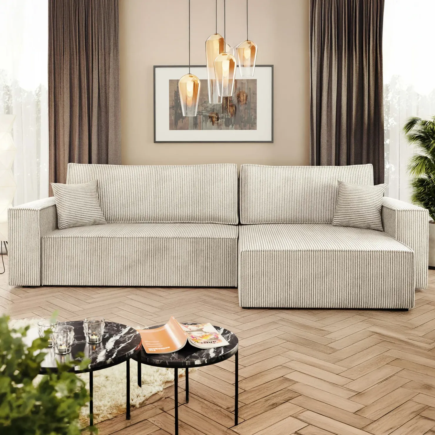 Garnero Arredamenti Divano letto angolare 4 posti 272x145cm con box contenitore velluto a coste beige Ploffy Discount