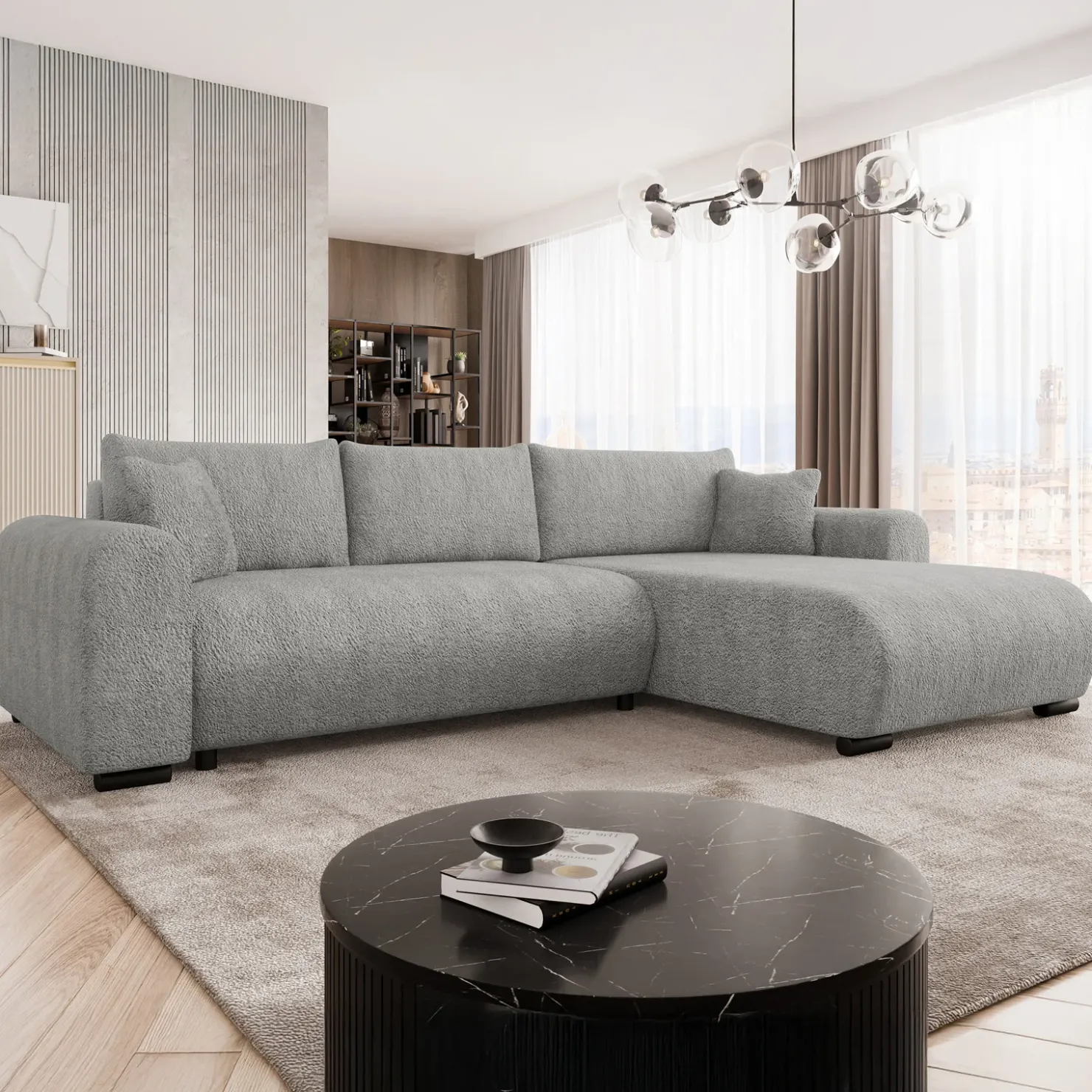 Garnero Arredamenti Divano letto angolare 4 posti 285x188cm con contenitore Soft Tessuto Bouclé Grigio chiaro Outlet