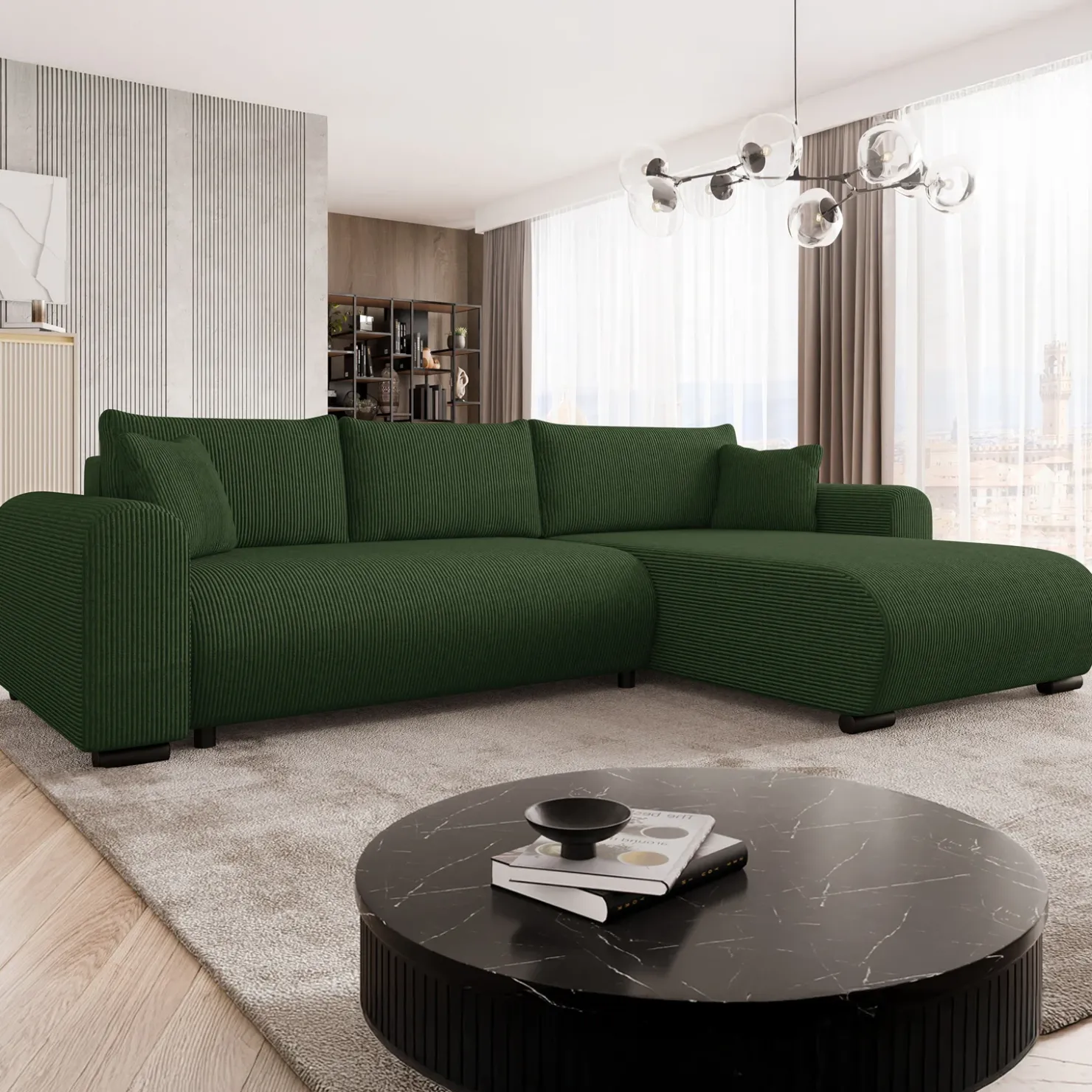 Garnero Arredamenti Divano letto angolare 4 posti 285x188cm con contenitore tessuto velluto a coste verde Soft Velluto a Coste Poso Verde Hot
