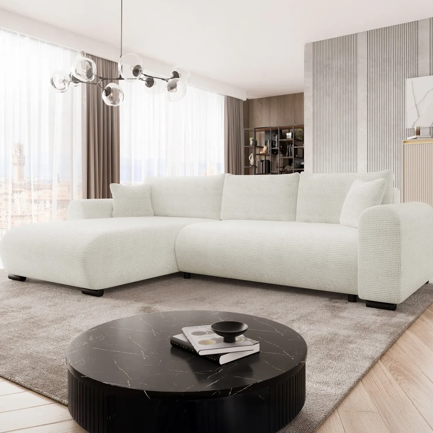 Garnero Arredamenti Divano letto angolare 4 posti 285x188cm con contenitore a trama spessa bianco Soft Tessuto Flow a Trama Spessa Bianco