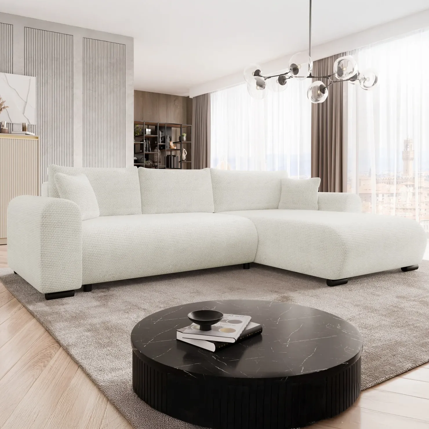 Garnero Arredamenti Divano letto angolare 4 posti 285x188cm con contenitore a trama spessa bianco Soft Tessuto Flow a Trama Spessa Bianco
