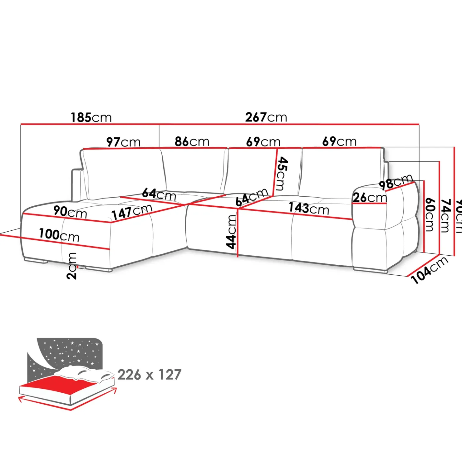 Garnero Arredamenti Divano letto angolare 3 posti 267x185cm box contenitore bianco perla Sottovoce Tessuto Artico Bianco perla Sale