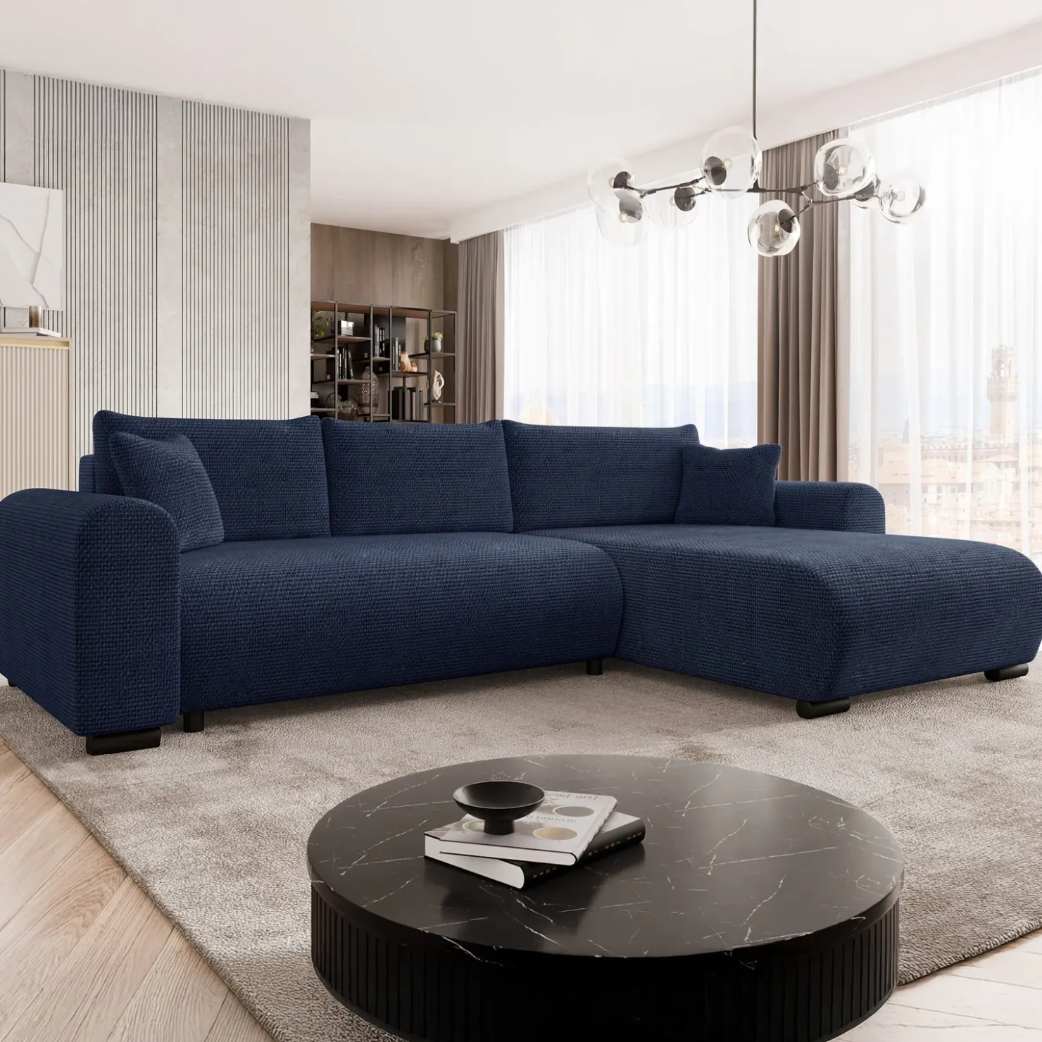 Garnero Arredamenti Divano letto angolare 4 posti 285x188cm con contenitore a trama spessa blu Soft Tessuto Flow a Trama Spessa Blu Outlet