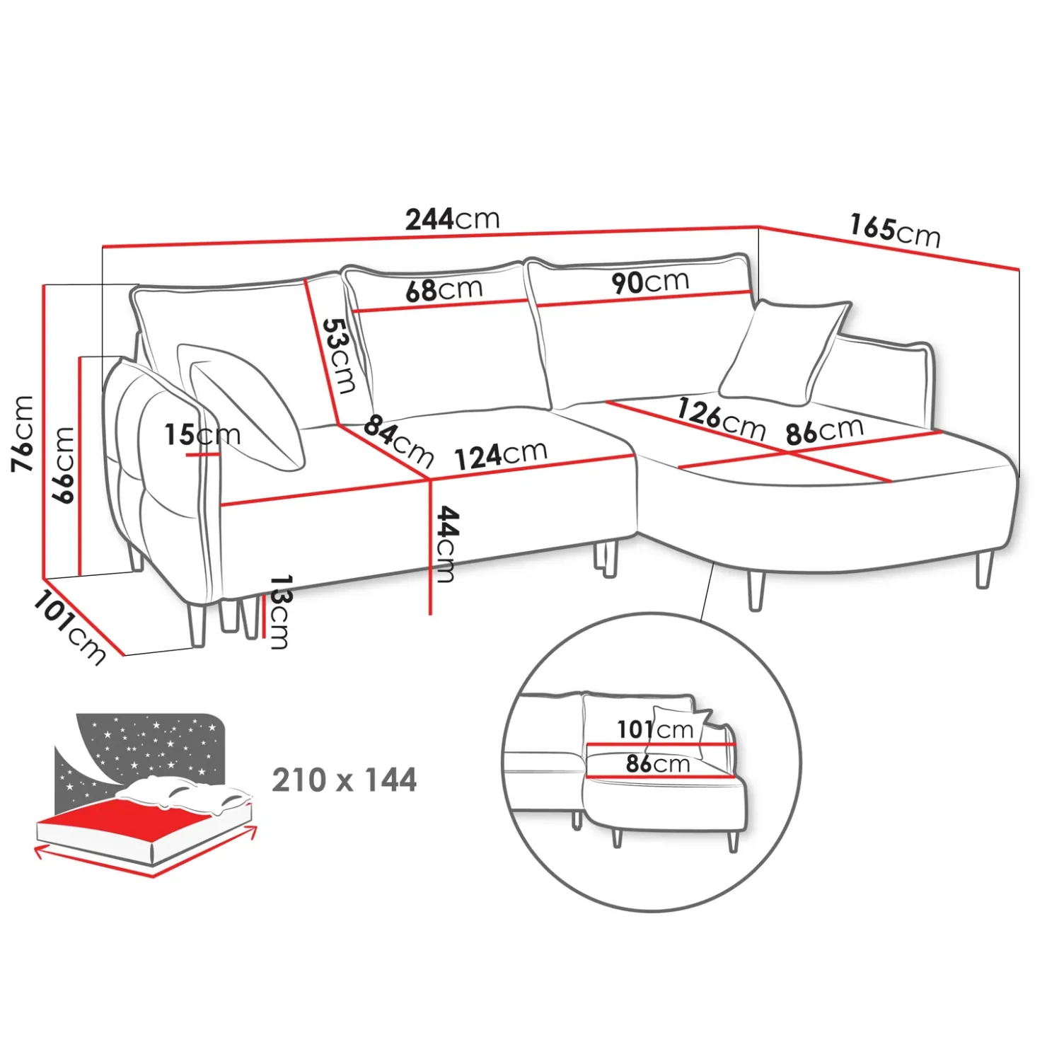 Garnero Arredamenti Divano letto angolare 3 posti 244x165cm tessuto grigio scuro Lollypop Tessuto Peluche Onega Grigio Scuro