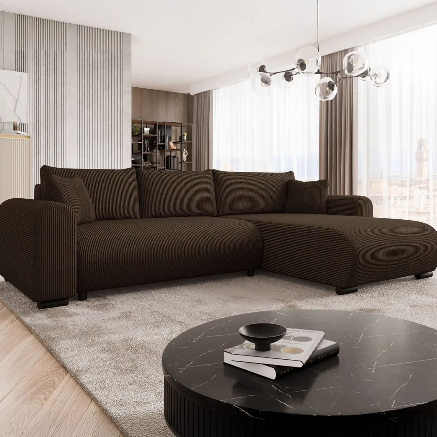 Garnero Arredamenti Divano letto angolare 4 posti 285x188cm con contenitore tessuto velluto a coste marrone scuro Soft Velluto a Coste Poso Marrone Best