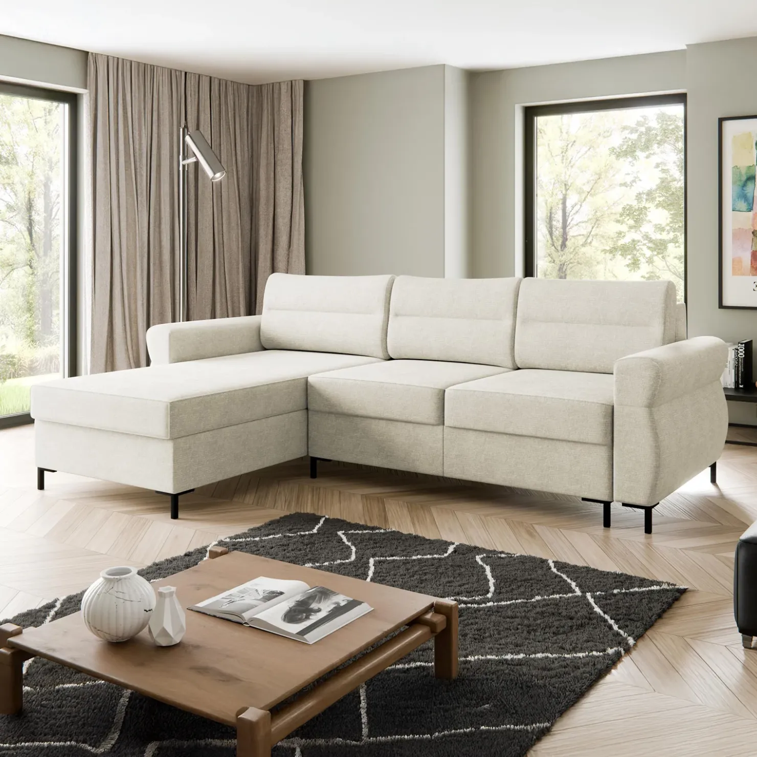 Garnero Arredamenti Divano letto angolare 3 posti 258x170 cm con box contenitore imbottito beige chiaro nero Velissa