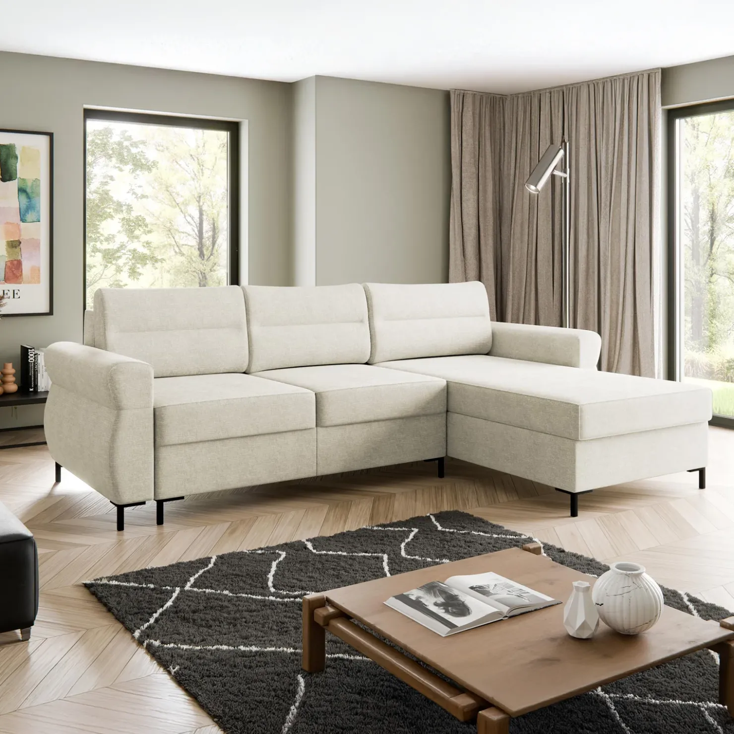 Garnero Arredamenti Divano letto angolare 3 posti 258x170 cm con box contenitore imbottito beige chiaro nero Velissa