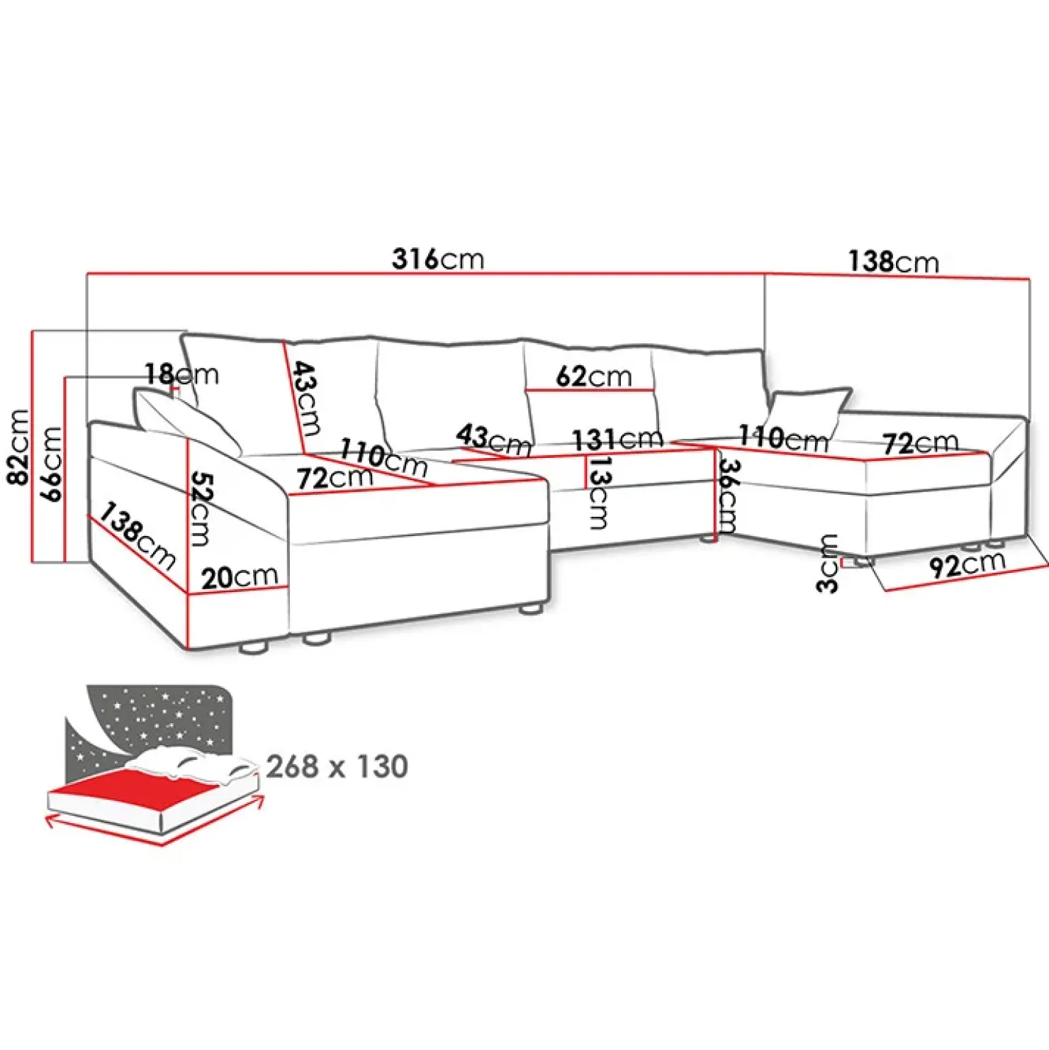 Garnero Arredamenti Divano letto angolare 5 posti 321cm grigio nero Appia Clearance