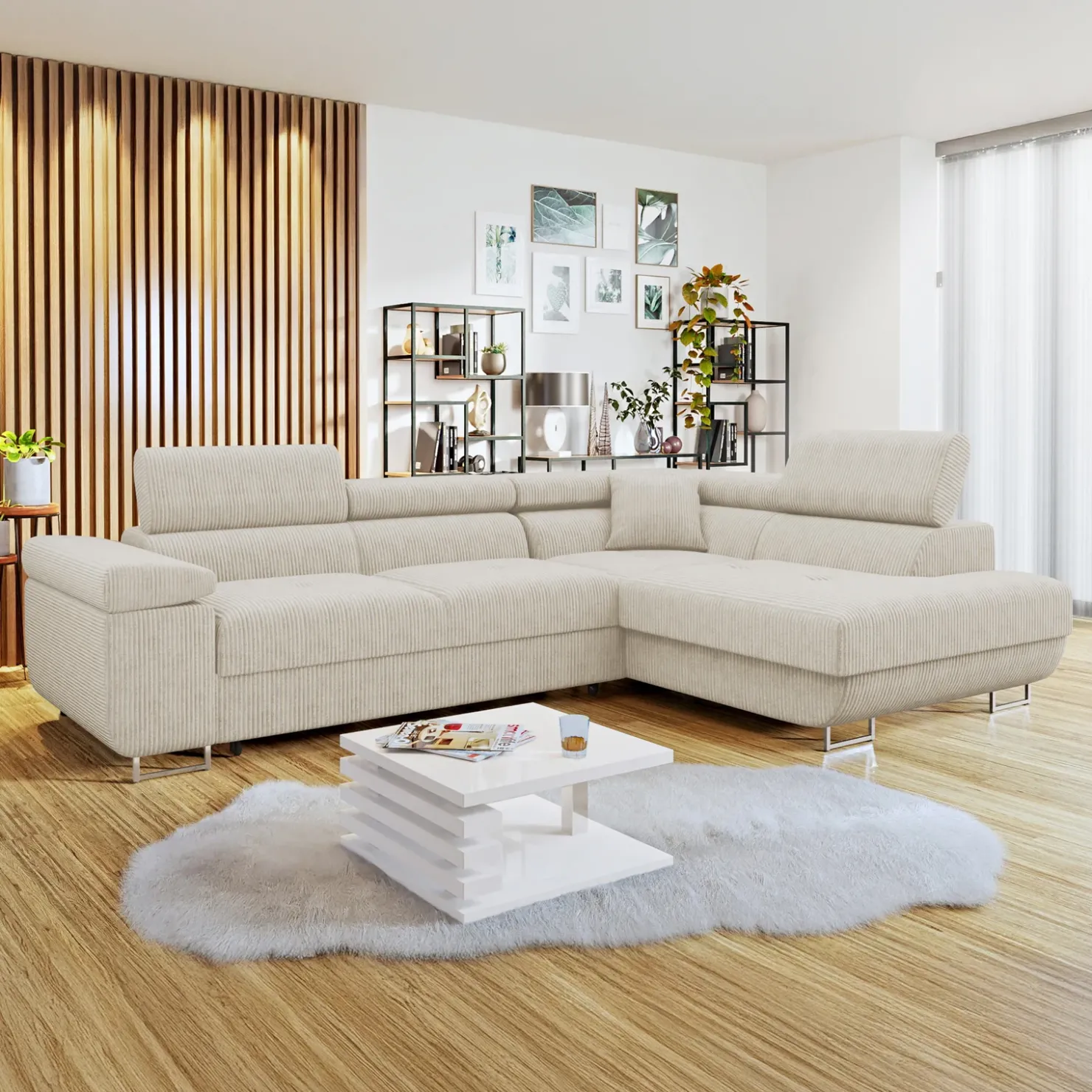 Garnero Arredamenti Divano letto angolare destra 4 posti 274x203cm imbottito a coste beige Bormio Velluto a Coste Poso Beige Sale