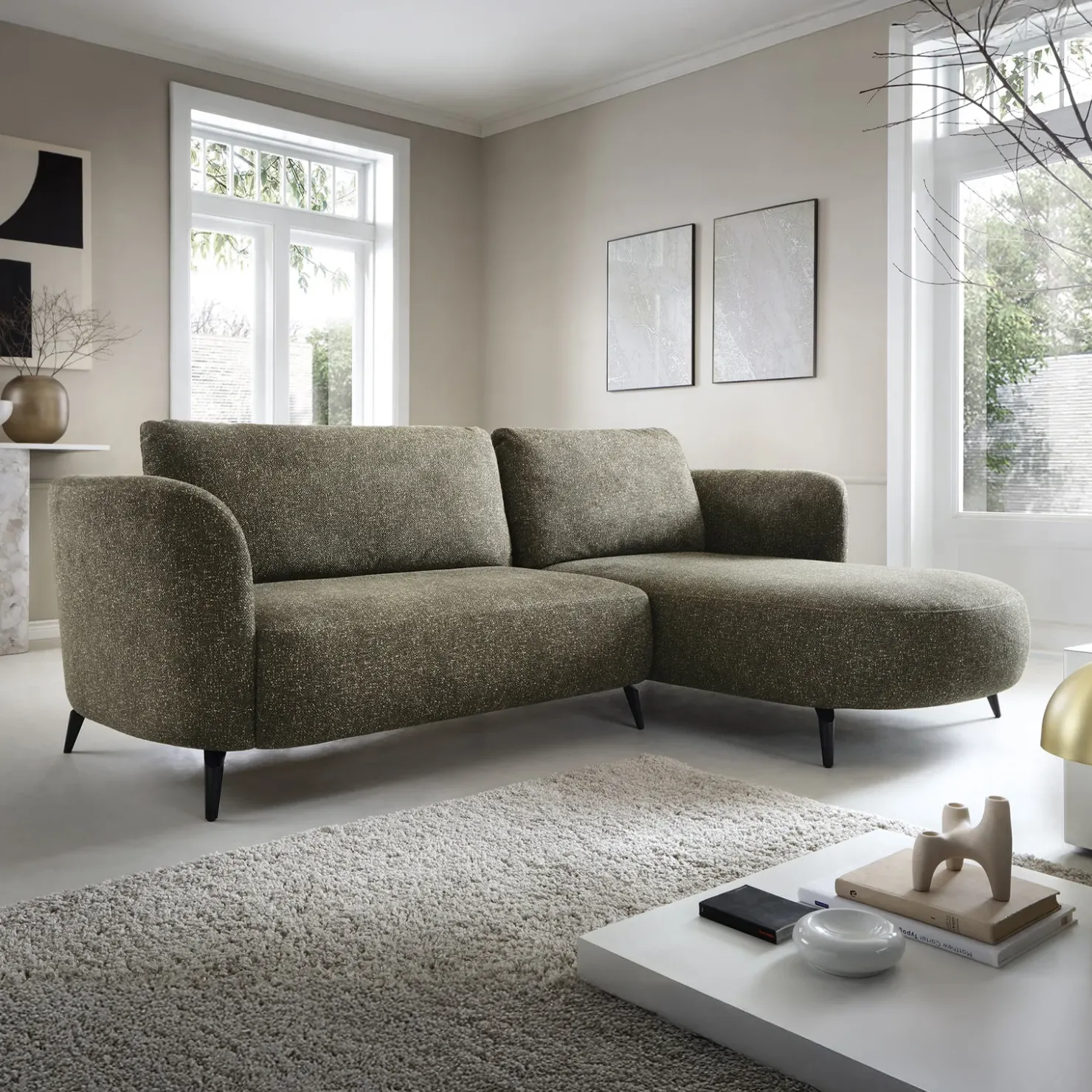 Garnero Arredamenti Divano letto angolare destra 3 posti 260x180cm tessuto bouclè verde Repose Tessuto Bouclè Blur Verdone Online