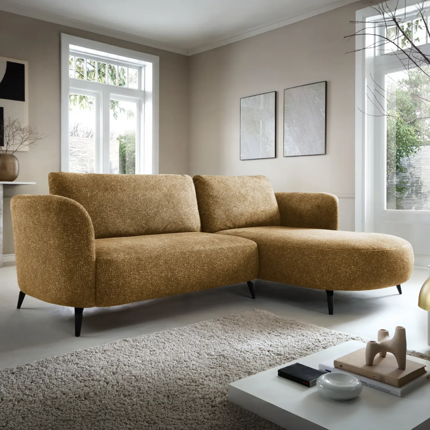 Garnero Arredamenti Divano letto angolare destra 3 posti 260x180cm tessuto bouclè beige scuro Repose Tessuto Bouclè Blur Beige Scuro Outlet