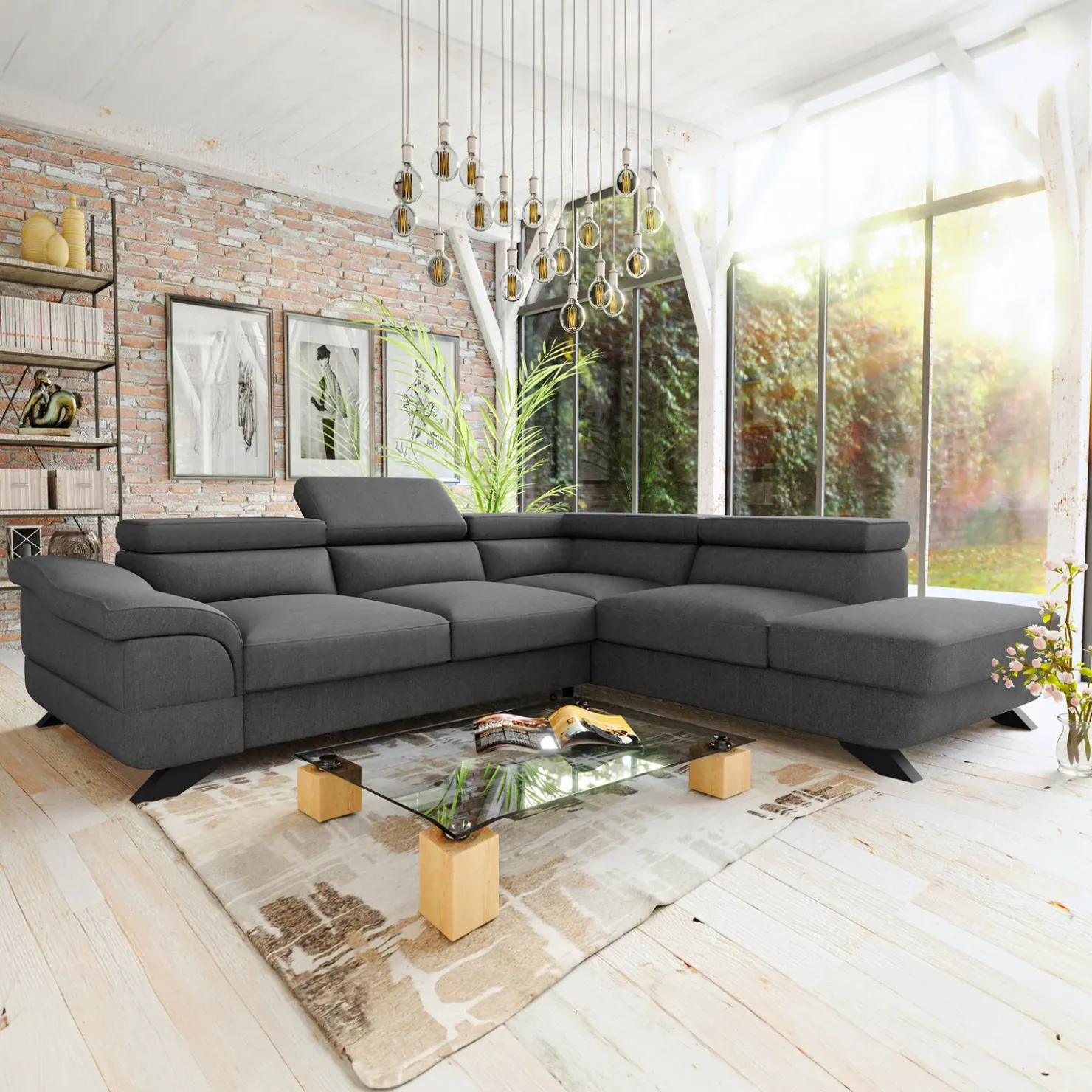 Garnero Arredamenti Divano letto angolare destro 5 posti 272x219cm tessuto antracite Lumma Sale