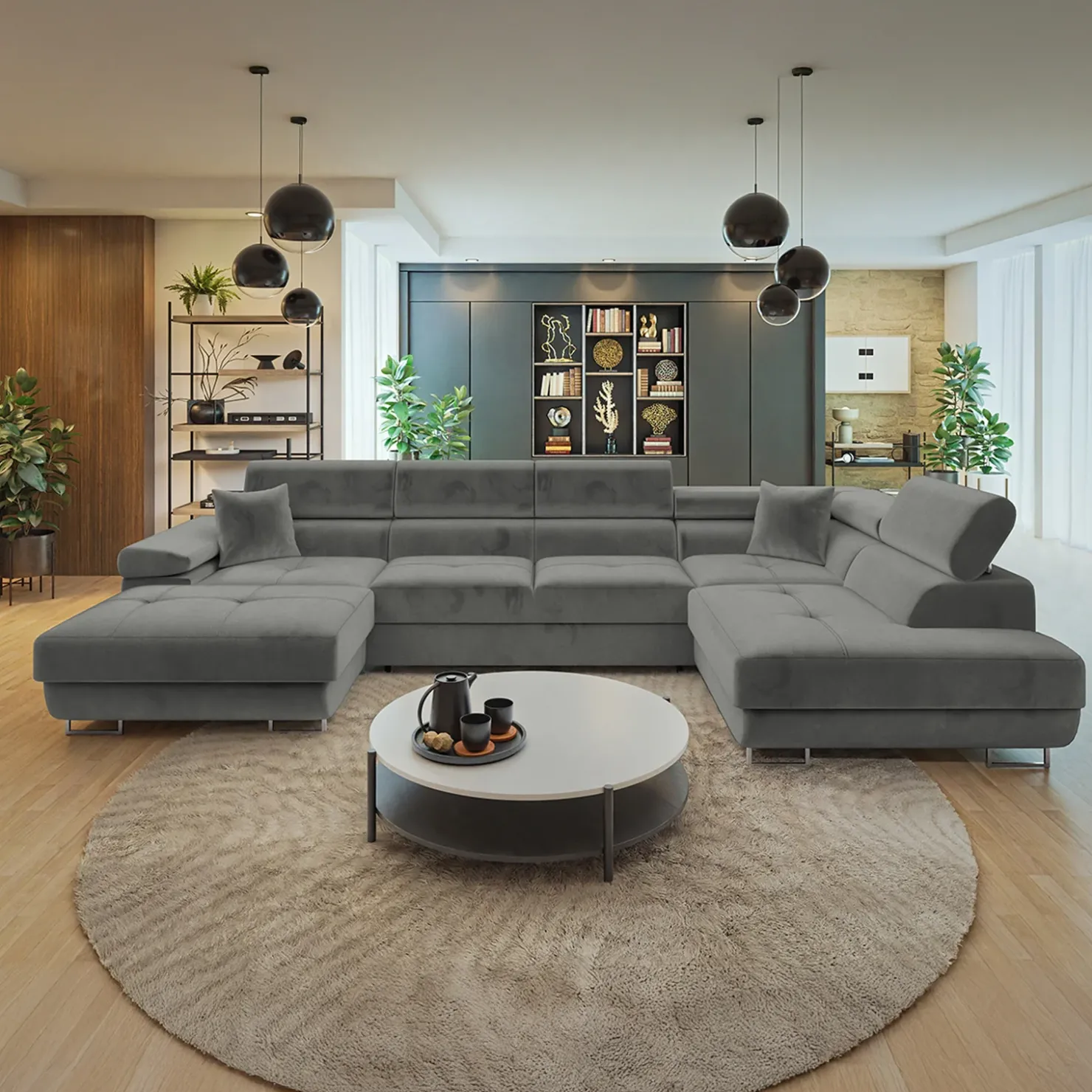 Garnero Arredamenti Divano letto angolare destra 5 posti 346x203cm con box contenitore velluto grigio Moirea Tessuto Vellutato Manila Grigio New