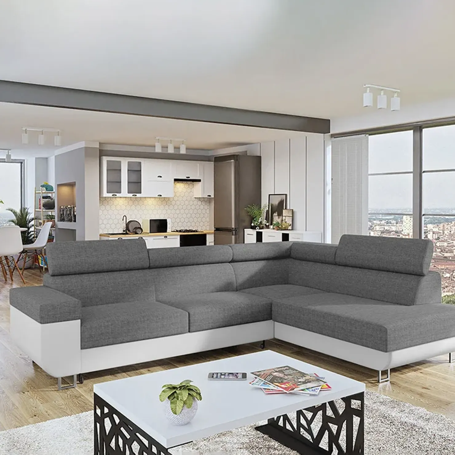 Garnero Arredamenti Divano letto angolare destra matrimoniale 253x188cm grigio bianco Almese Tessuto Lux Ecopelle Grigio Bianco Best