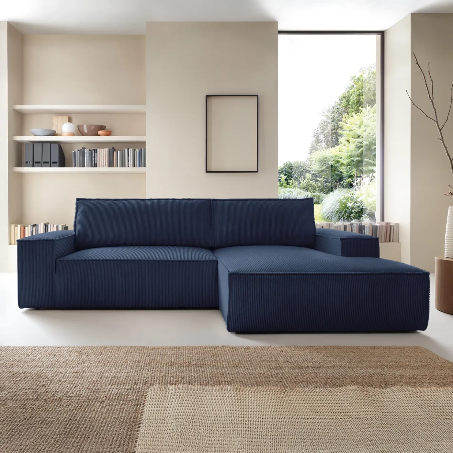 Garnero Arredamenti Divano letto angolare destra 3 posti 267x167cm velluto a coste blu Relaxion Velluto a Coste Poso Blu Outlet