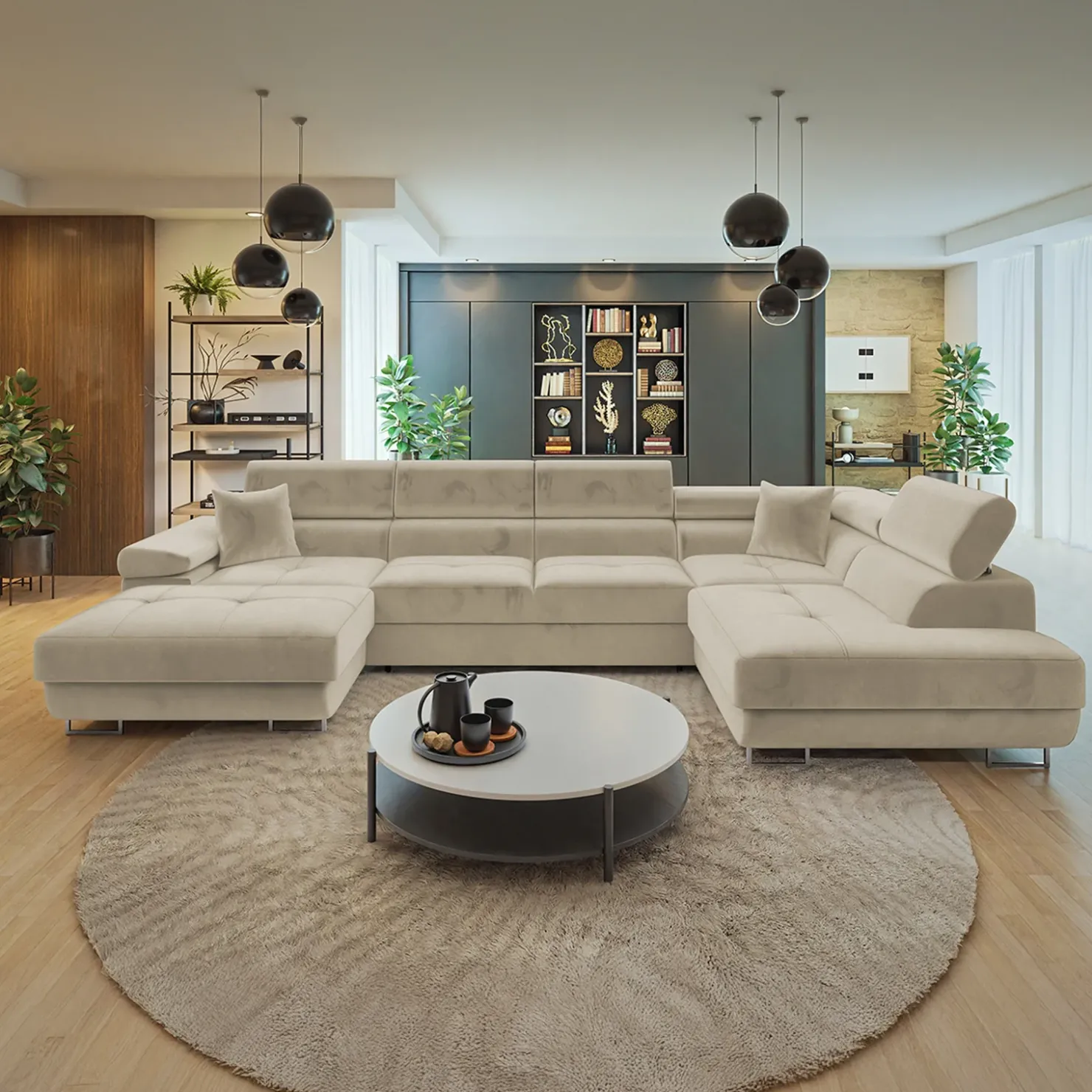 Garnero Arredamenti Divano letto angolare destra 5 posti 346x203cm con box contenitore vellutato beige Moirea Tessuto Vellutato Manila Beige Clearance