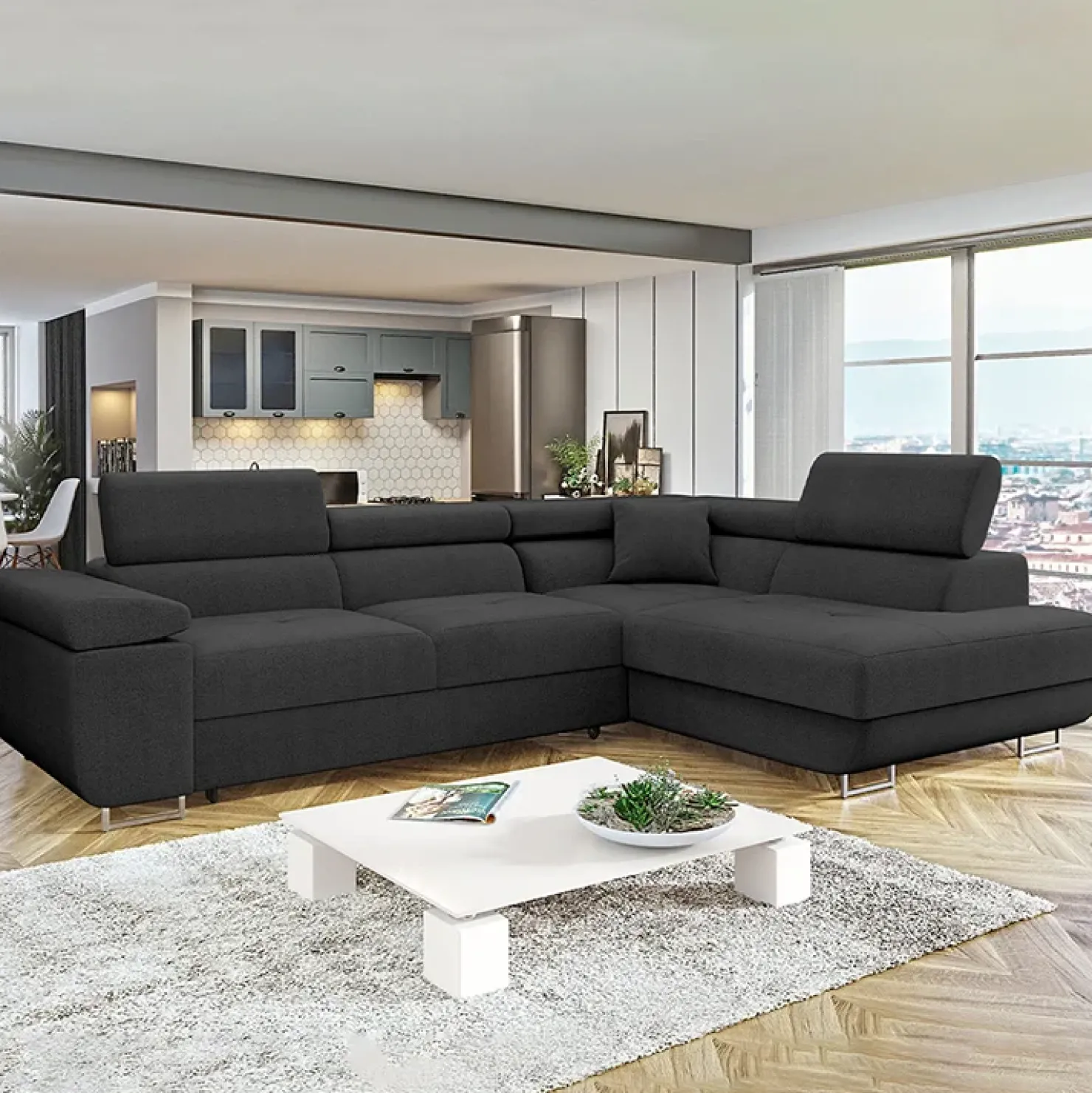 Garnero Arredamenti Divano letto angolare destra imbottito 274x203cm nero Bormio Tessuto Vellutato Manila Nero Hot